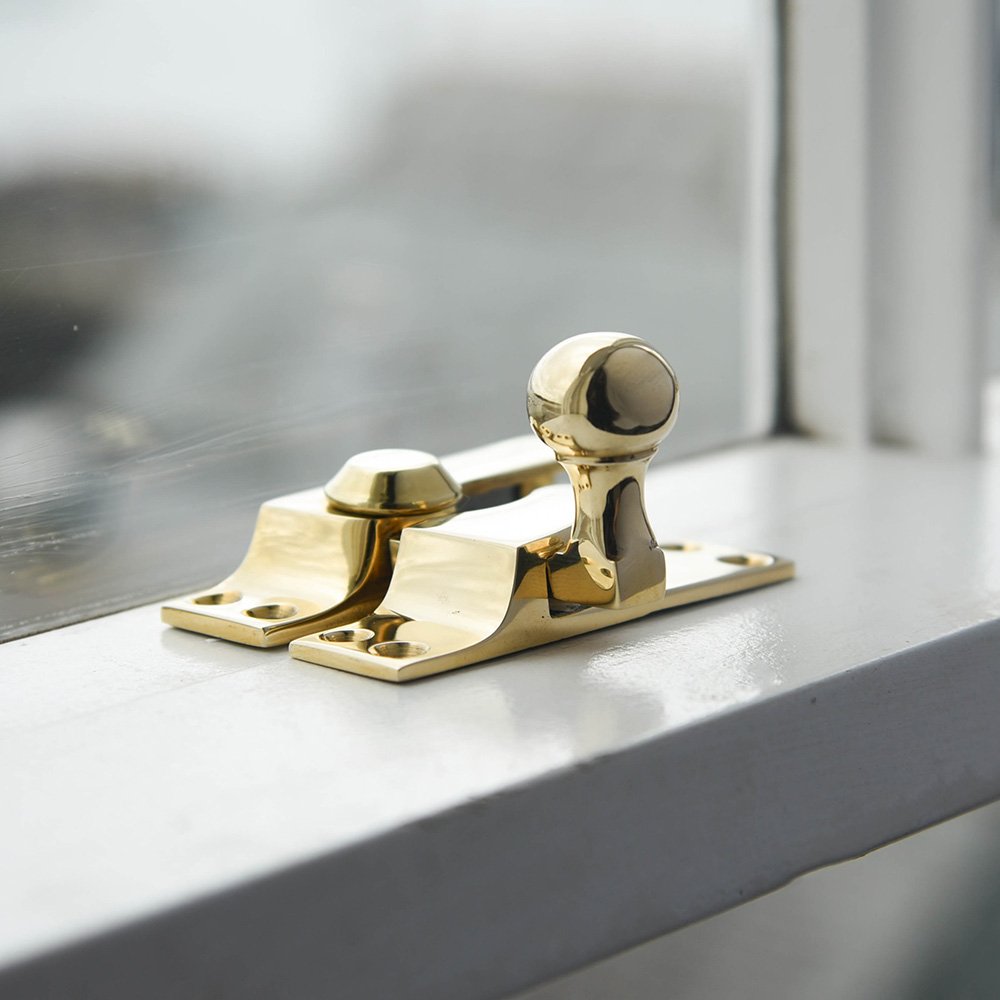 Vintage Polished Brass Sash Window Fastener - Heavy Duty Lock for Classic Wooden Windows | Perfect for Home Restoration & Historical Building Renovation