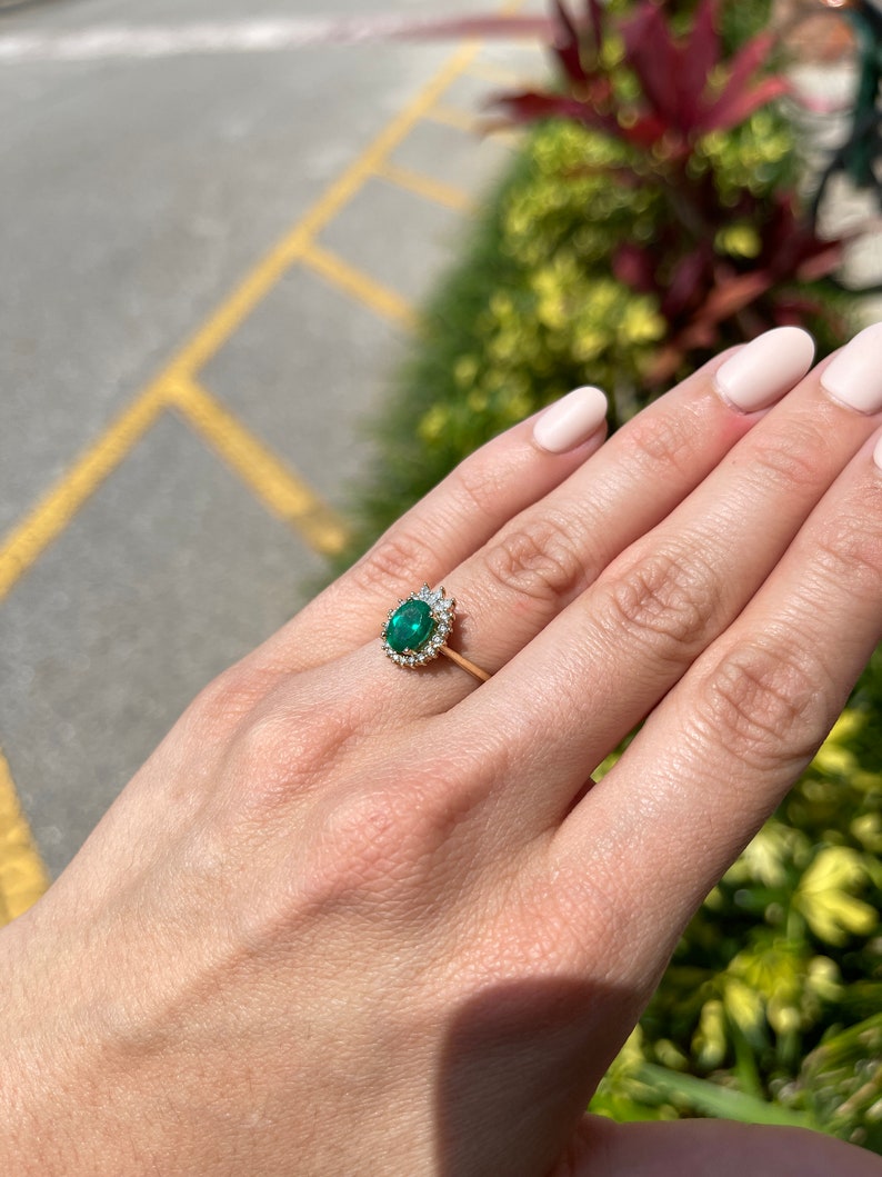 1.75tcw Colombian Emerald & Diamond Halo Oval Cut Engagement Ring in 14K Gold - Perfect for Weddings, Proposals & Bridal Jewelry Collections