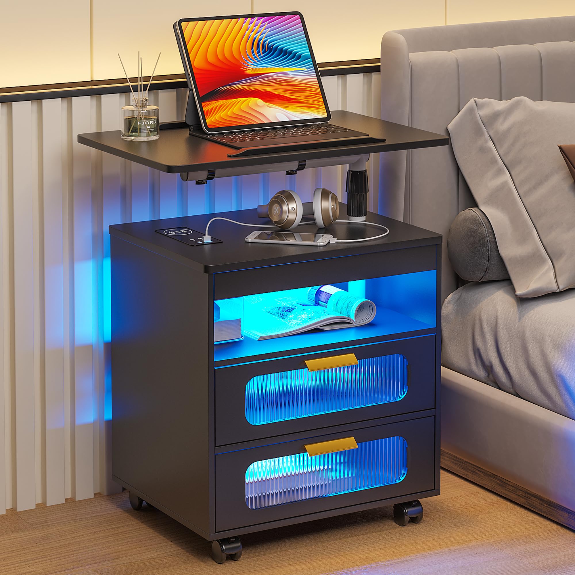 Wireless Charging Nightstand with LED Sensor Light & 2 Drawers - Adjustable Rotary Workstation, Modern Bedside Table for Bedroom Furniture (Black) - Perfect for Bedrooms, Offices & Small Spaces