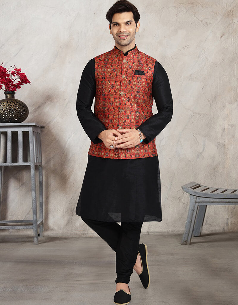 Black 3 Piece Banarasi Silk Jacket & Churidar Set for Women | Elegant Indian Ethnic Outfit for Weddings, Parties & Festive Occasions