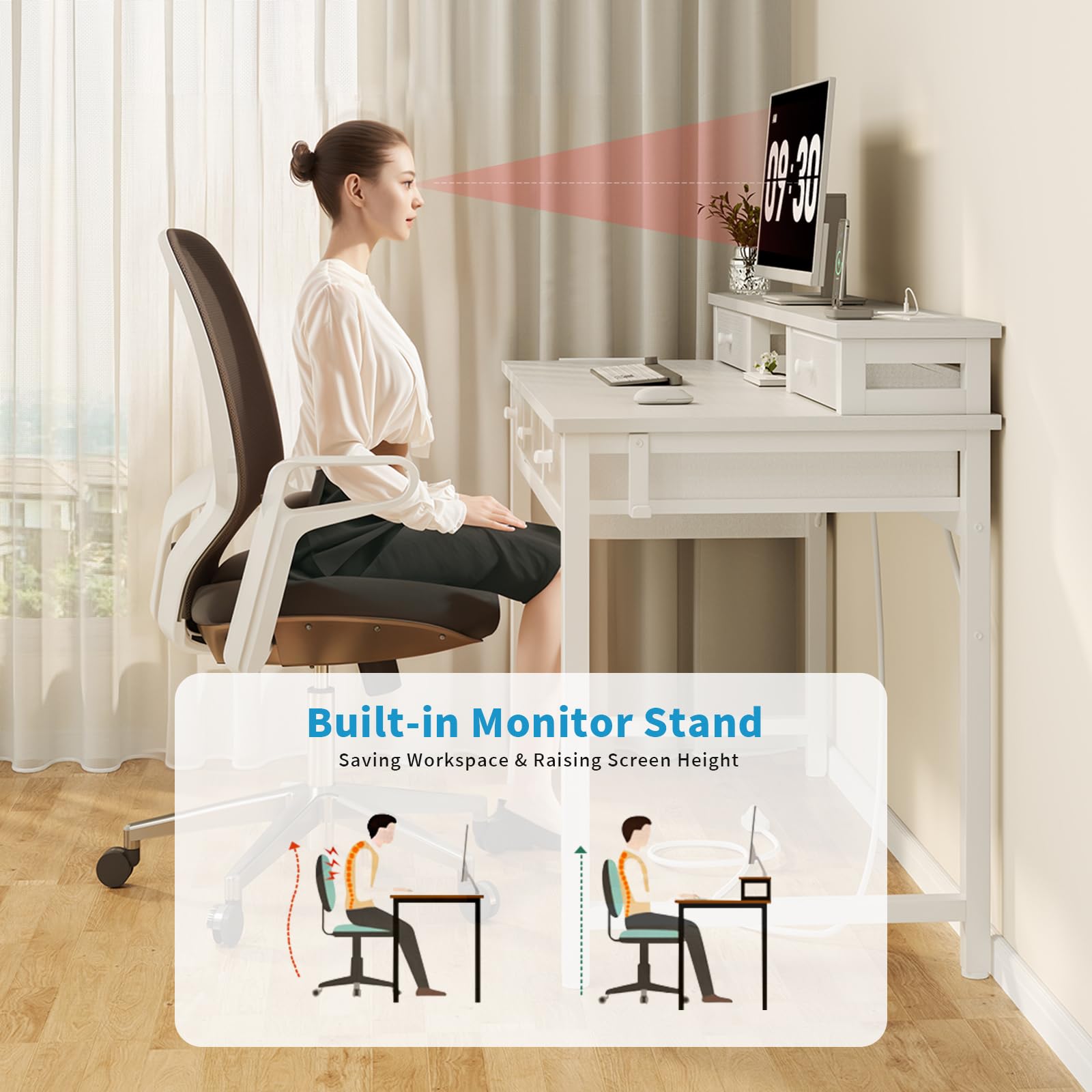 White 40-inch Computer Desk with Fabric Drawers & Power Outlet - Home Office Desk, Vanity Makeup Table with Storage for Bedroom, Study Writing Desk with Monitor Stand - Perfect for Remote Work, Gaming Setup & Beauty Station