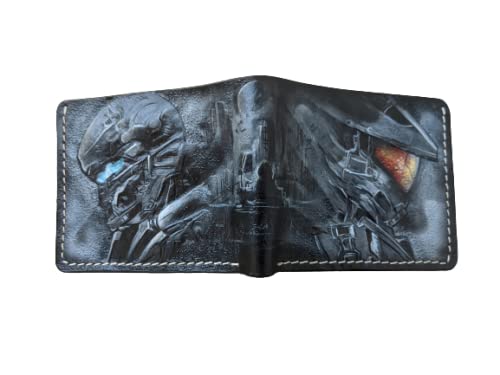 Men's 3D Genuine Leather Handmade Wallet - Custom Carved & Tooled Biker Wallet with Airbrush Art - Personalized Video Game & Superhero Design (Master Chief Guardians) - Perfect Gift for Gamers & Motorcycle Enthusiasts