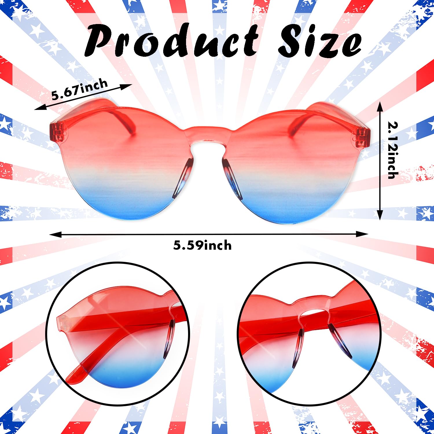 4th of July Patriotic Sunglasses - Red White & Blue Heart-Shaped Rimless Sunglasses for Women & Men - Perfect for Independence Day Parties, BBQ, Beach & Summer Festivals