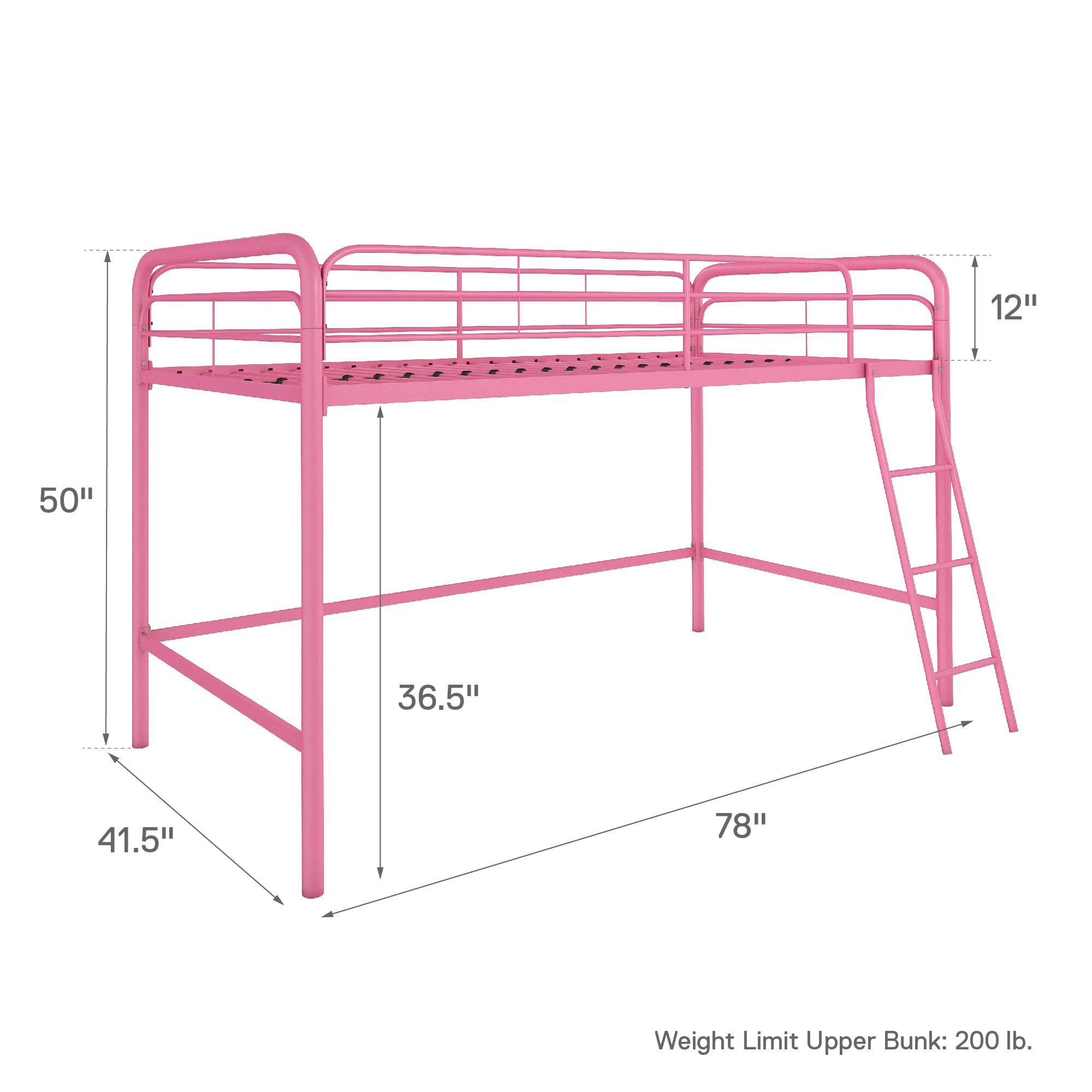 DHP Jett Junior Twin Metal Loft Bed with Ladder, Pink - Space-Saving Kids Bedroom Furniture for Small Rooms & Dorm Rooms