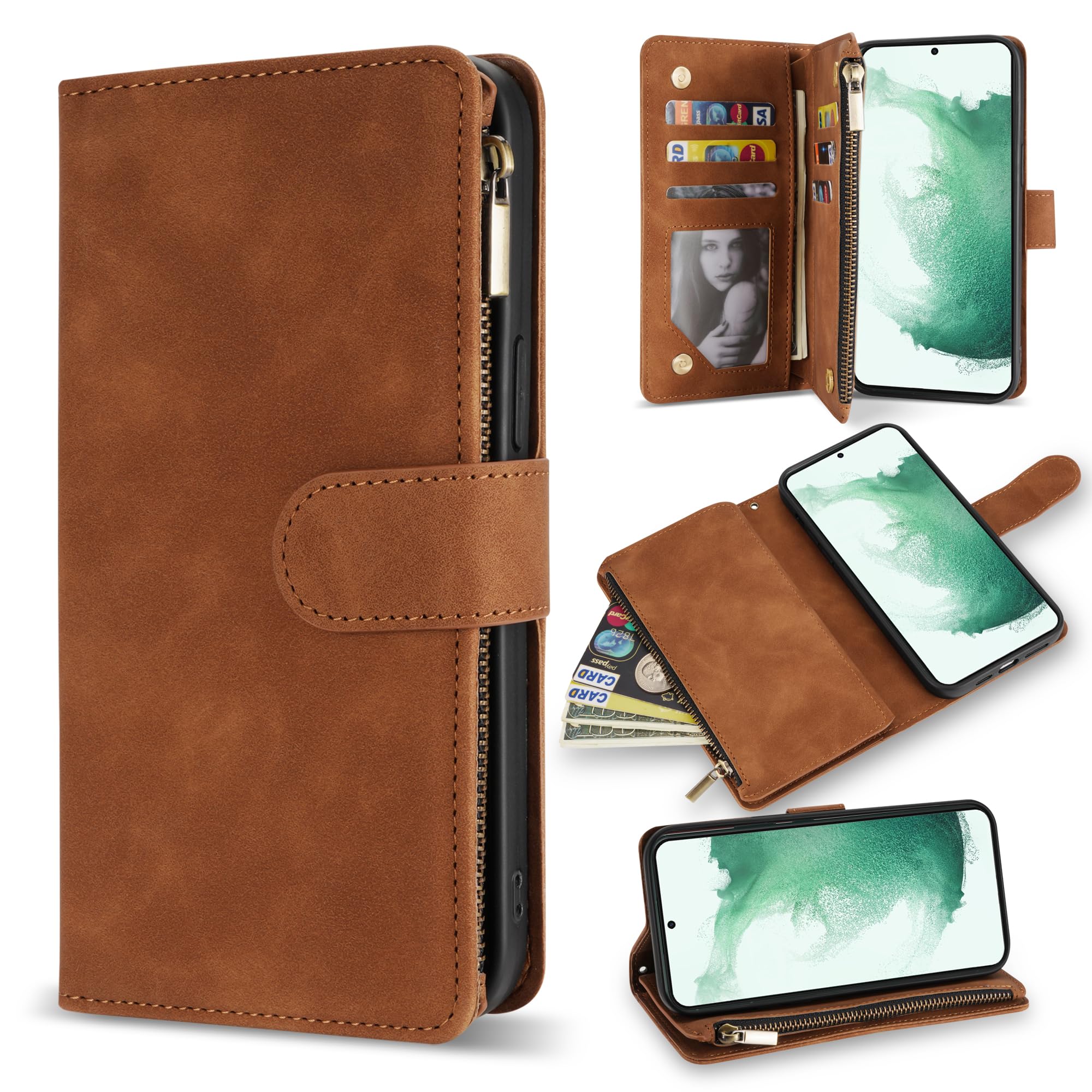Premium Soft PU Leather Zipper Flip Folio Wallet Case for Samsung Galaxy S22 Plus (6.6 Inch) - Card Slots, Wrist Strap & Kickstand | Protective Cover for Everyday Use, Travel & Business Meetings (Brown)