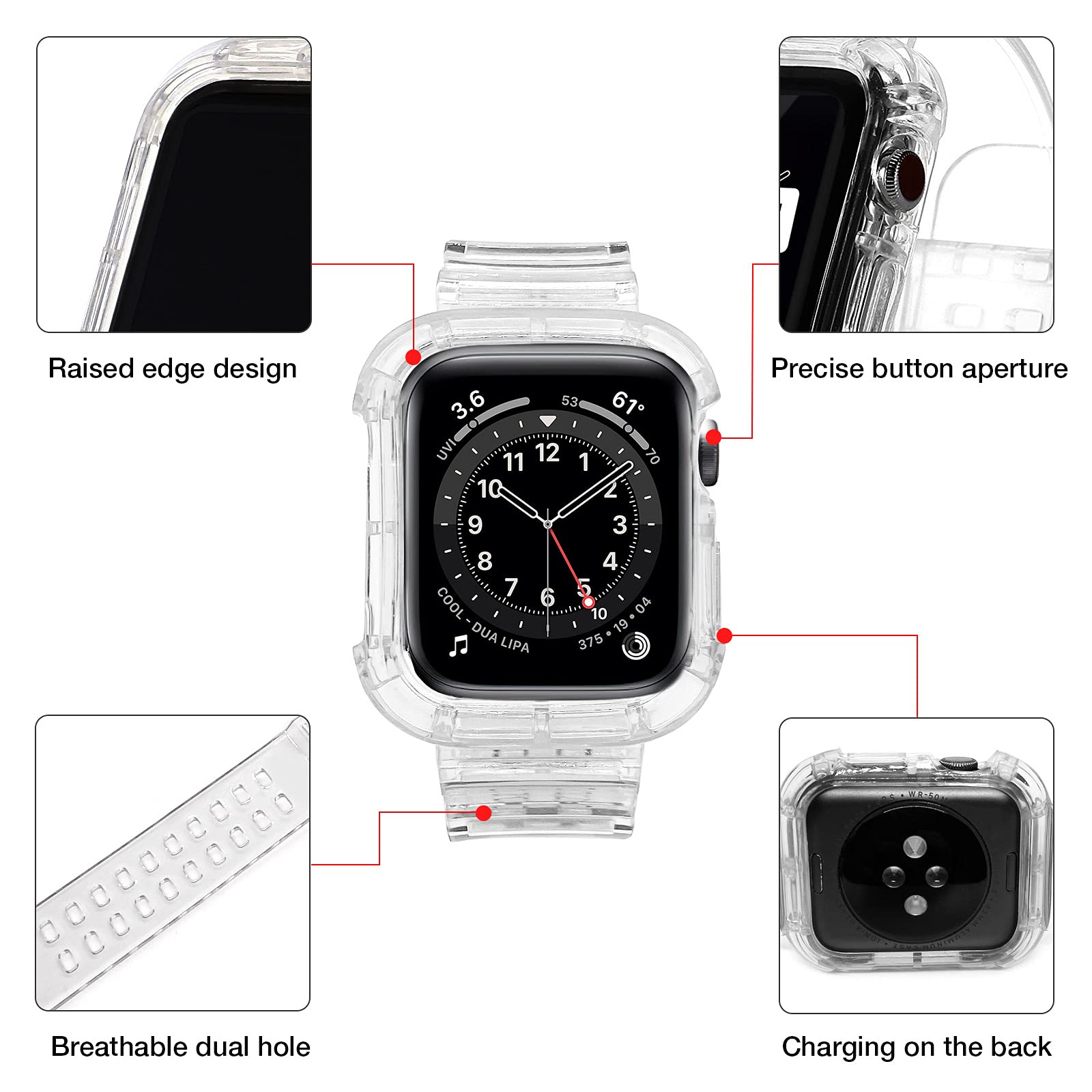 Clear Shockproof Apple Watch Band 38mm 40mm 42mm 44mm - Soft Silicone Strap with Bumper Case for Apple Watch Series SE/7/6/5/4/3/2/1 - Unisex Design for Men & Women - Perfect for Workouts, Running & Everyday Use (Pure Black 38/40/41mm)