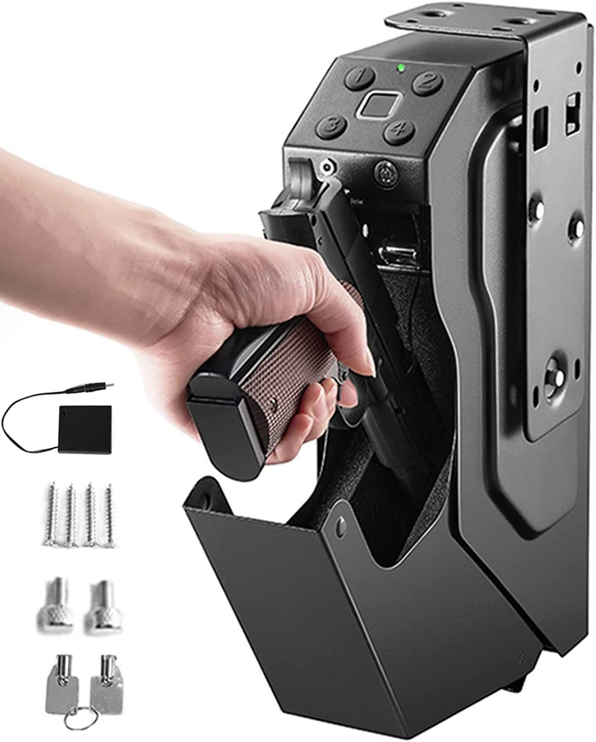 GEHPYYDS Biometric Gun Safe - Fingerprint & Key Lock Pistol Safe with Security Password, Wall Mounted Steel Handgun Safe Cabinet for Home, Office & Hotel Use - Secure Storage for Firearms, Jewelry & Valuables