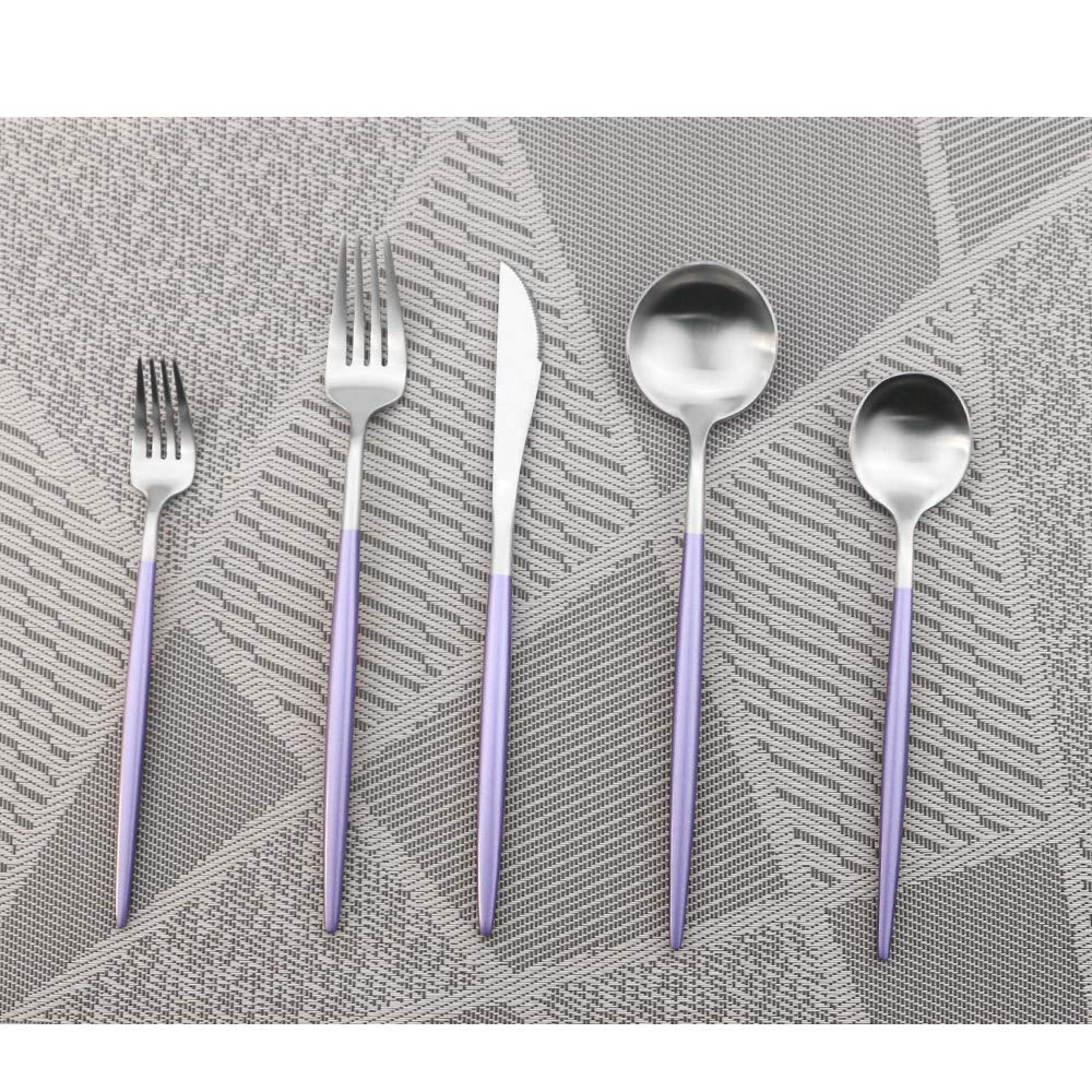 Premium 5-Piece Stainless Steel Flatware Set - 18/10 Rustproof Silverware for Home, Kitchen, Restaurant & Travel - Matte Finish with Purple Handle - Elegant Dining Utensils for Everyday Meals, Dinner Parties & Outdoor Picnics