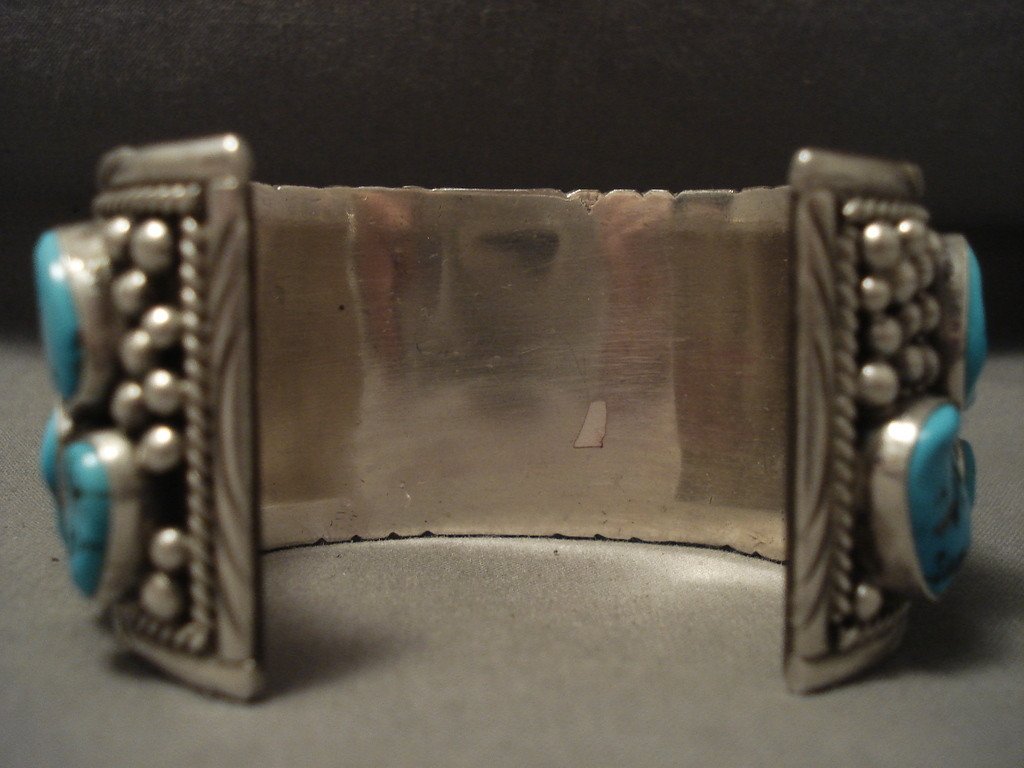123 Gram Wide Natural Turquoise Vintage Navajo Native American Jewelry Sterling Silver Bracelet - Handmade Old Southwest Style for Boho Fashion & Tribal Accessories