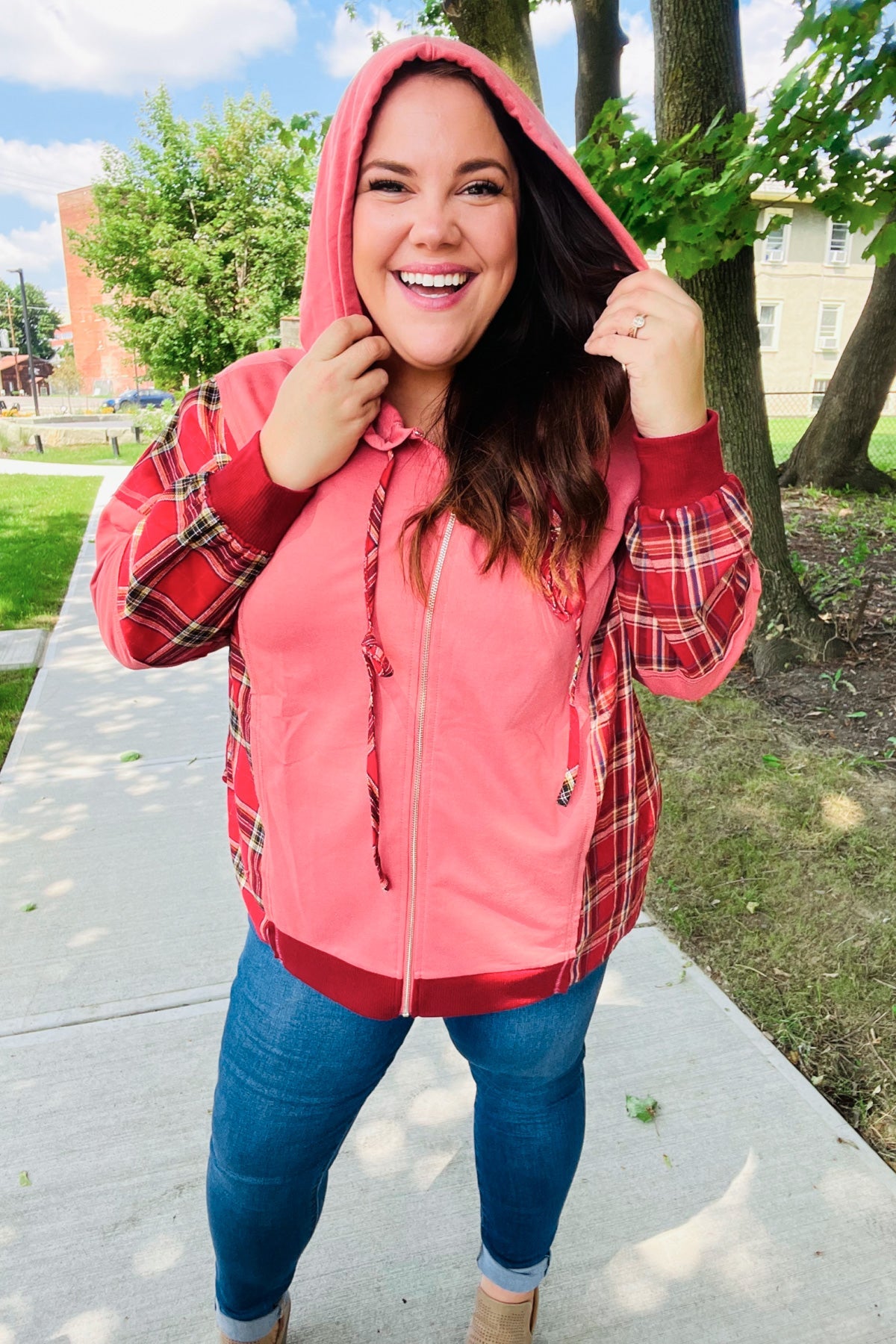 Stylish Marsala Plaid Color Block Zipper French Terry Hoodie for Women | Cozy Fall & Winter Outerwear | Perfect for Casual Outings, Lounge Wear and Street Fashion
