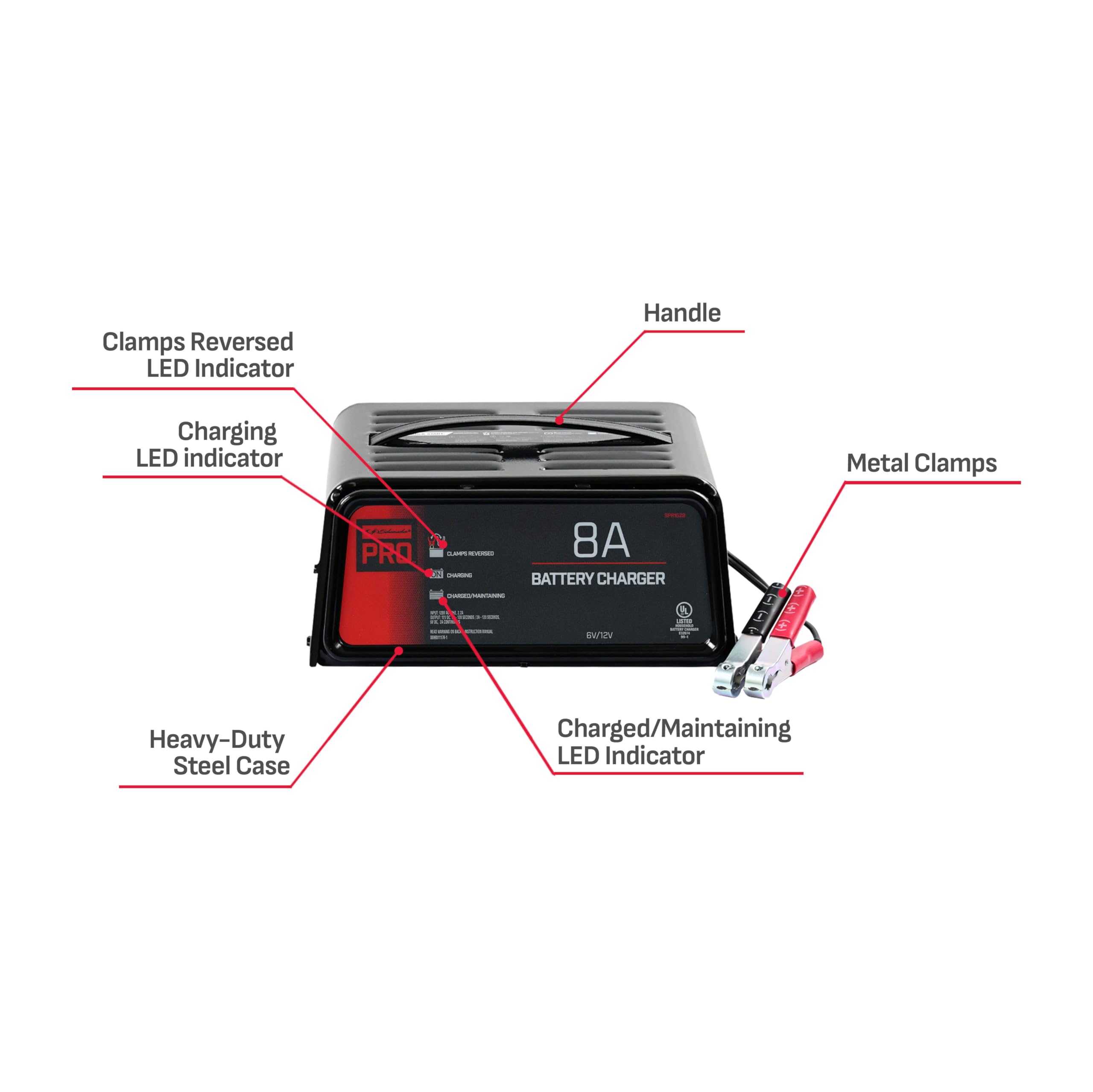 Schumacher SPR1628 3-in-1 8 Amp Fully Automatic Battery Charger & Maintainer - 6V/12V Compatible for Cars, Trucks, Motorcycles, ATVs, Boats & Marine Batteries | Ideal for Winter Storage, RV Maintenance & Power Sports Vehicles