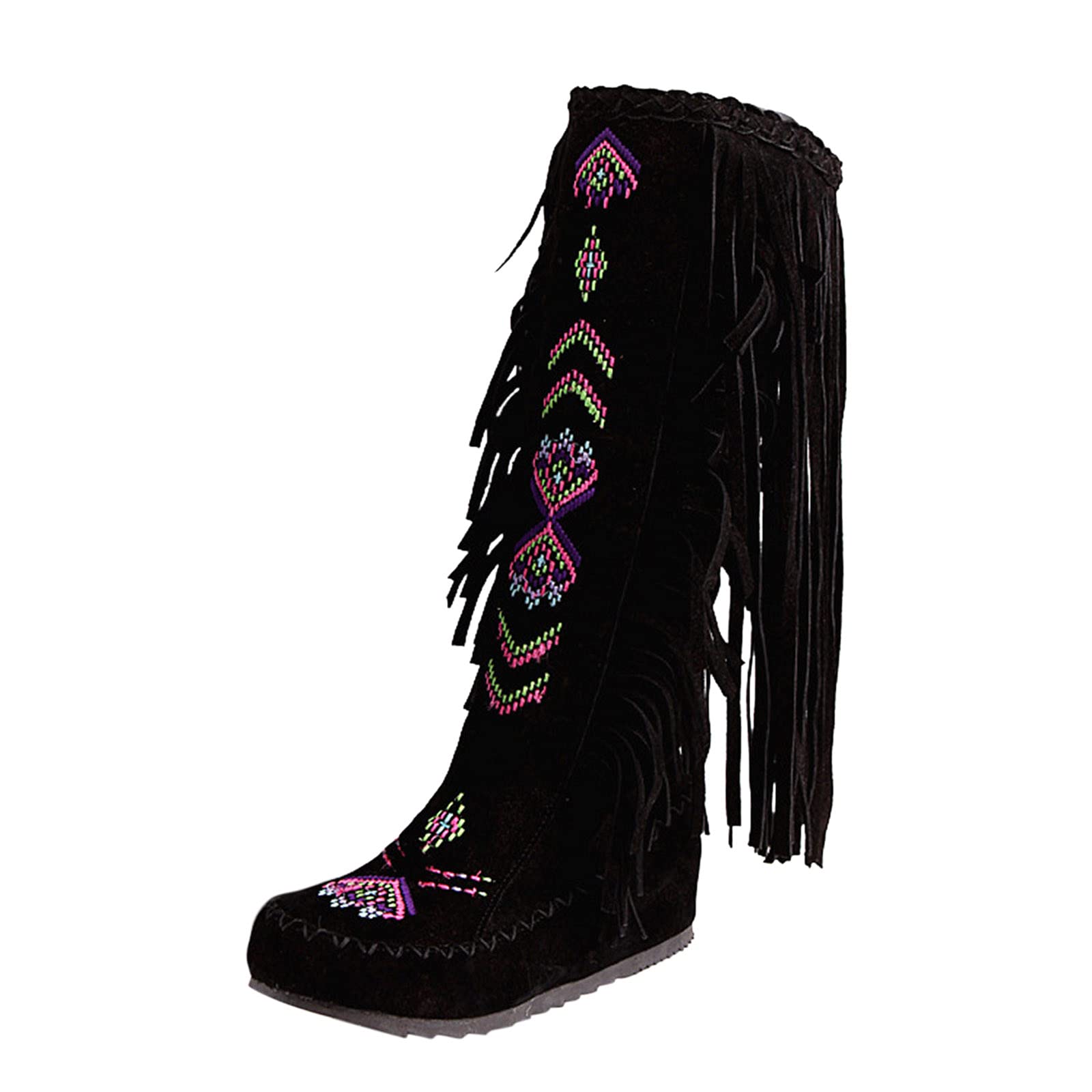 **Women's Knee High Wide Calf Boots - Fashion Fringe Tassel Leather Boots for Women, Black, Size 8.5 | Perfect for Boho Style, Fall Fashion & Casual Outfits**