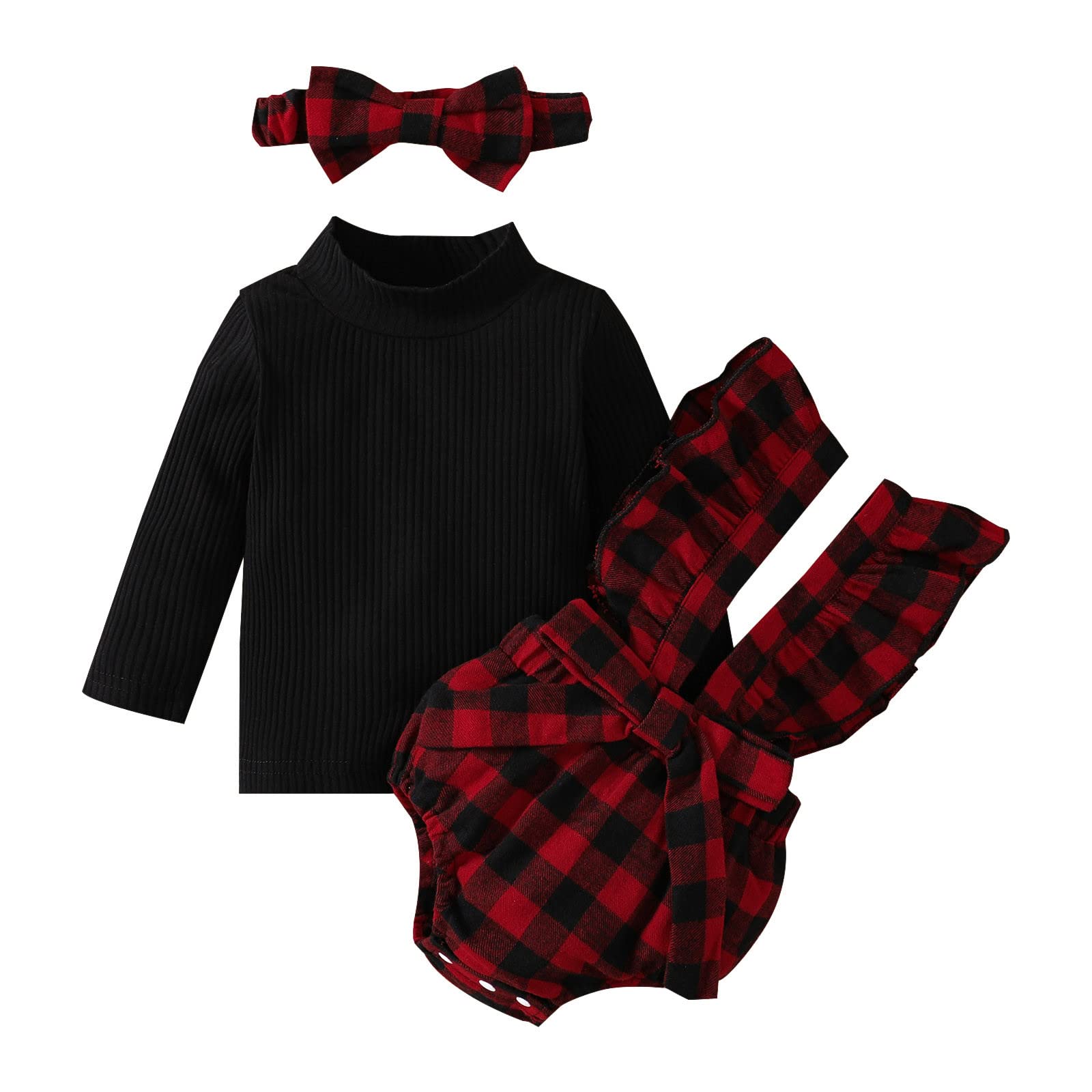 Baby Girl Outfits - Long Sleeve Ribbed Tops, Plaid Print T-Shirts, Suspenders Shorts & Headbands Set | Cute Infant Clothes for Playdates, Photoshoots & Everyday Wear