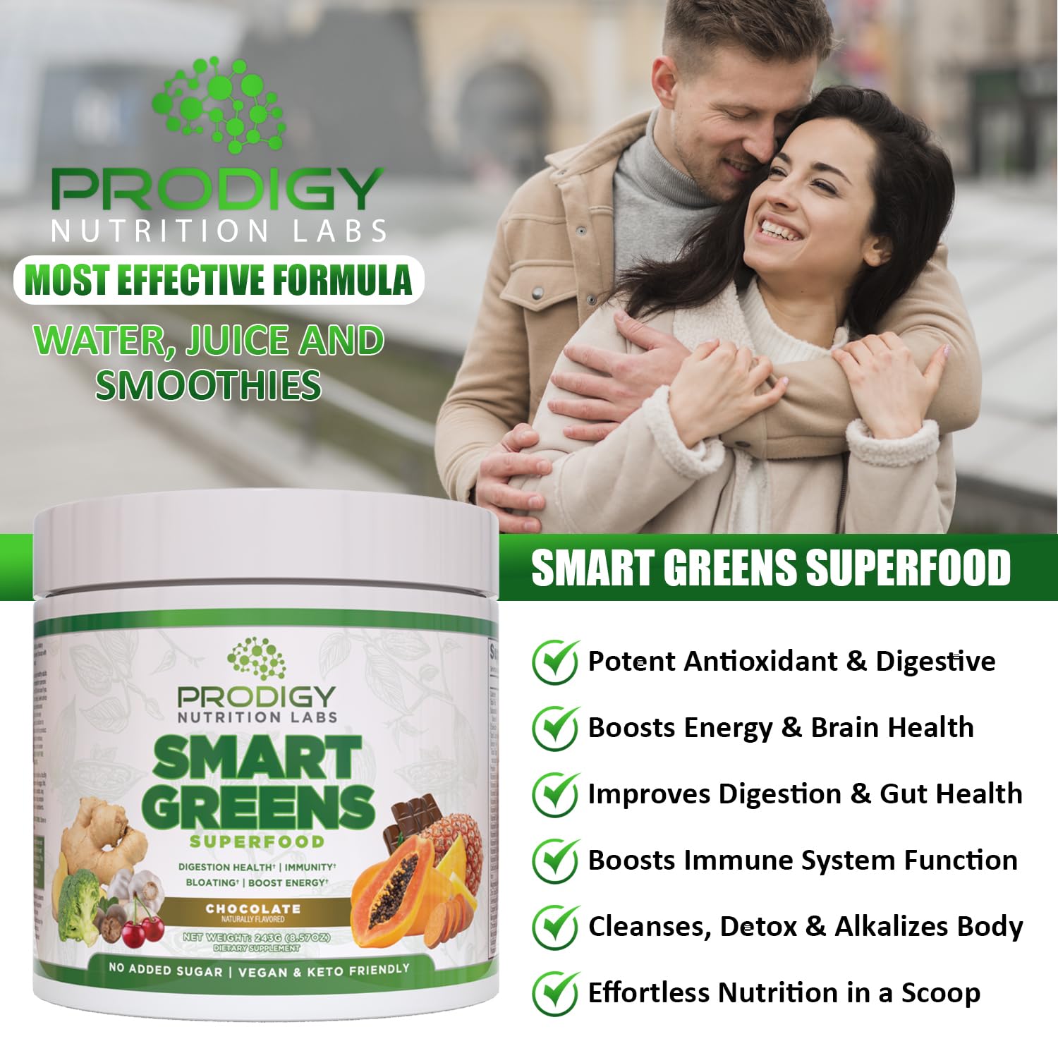 Prodigy Smart Greens Superfood Powder - Organic Greens Blend with Probiotics, Chlorella, Fruits & Vegetables for Digestive Health & Bloating Relief - Smoothie & Drink Mix for Gut Health - Perfect for Post-Workout Recovery & Daily Wellness Boost