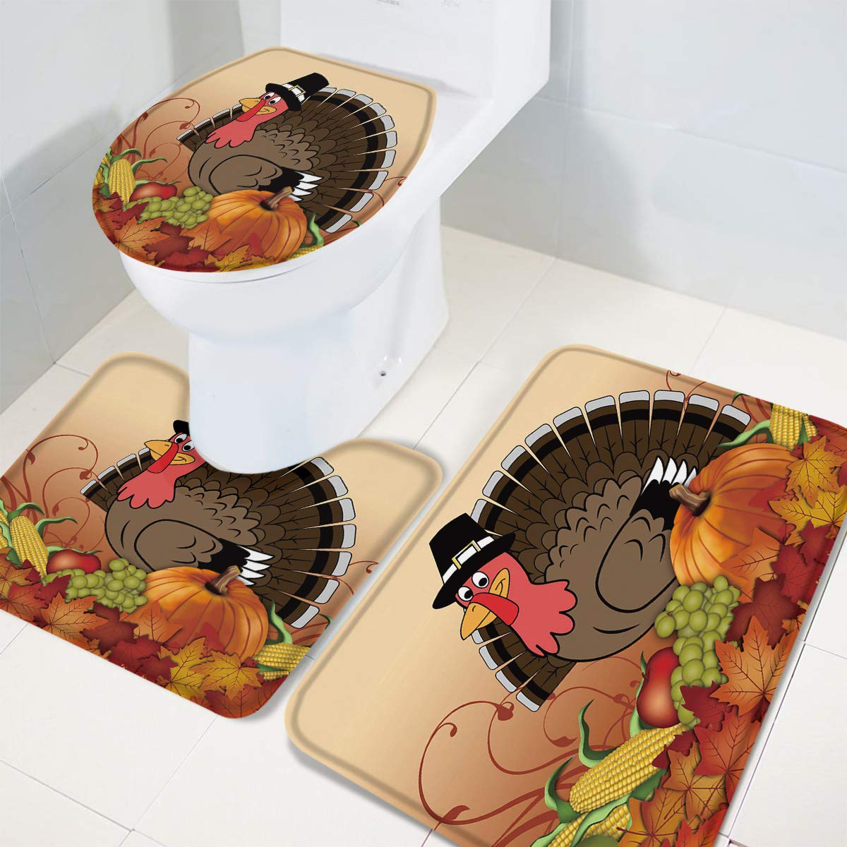 LooPoP 3-Piece Non-Slip Bathroom Rug Set with Rubber Backing - Kids Bath Mat Collection for Fall Decor (Turkey, Corn, Pumpkin, Maple Leaf Design) - Perfect for Thanksgiving Bathroom Decor & Cozy Autumn Home