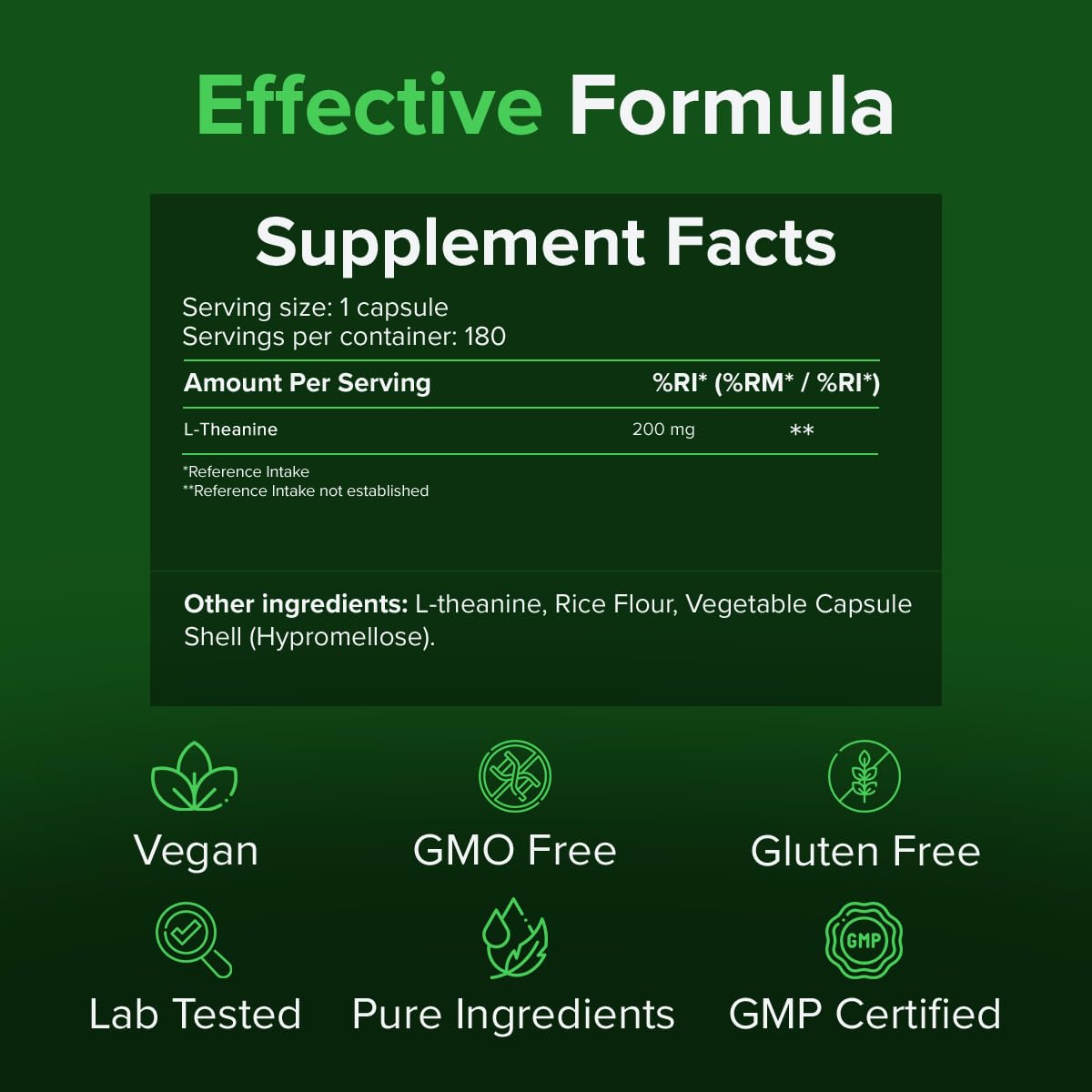 Raw Powders L-Theanine 200mg, 180 Capsules – Natural Relaxation & Focus Supplement – Non-GMO, Gluten-Free, GMP Certified Nootropic – Stress Relief & Mental Clarity for Work, Study, and Meditation
