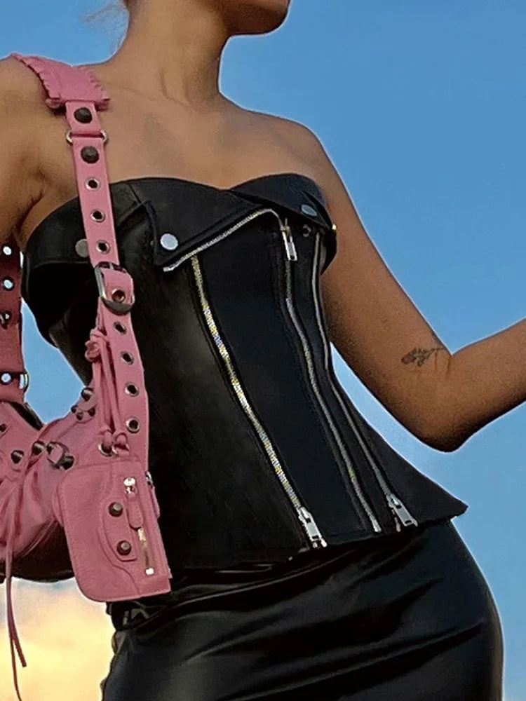 Sexy Asymmetrical PU Leather Strapless Crop Top for Women - Clubwear, Bodycon Vest, Party Tube Top | Perfect for Night Out, Clubbing, and Festivals
