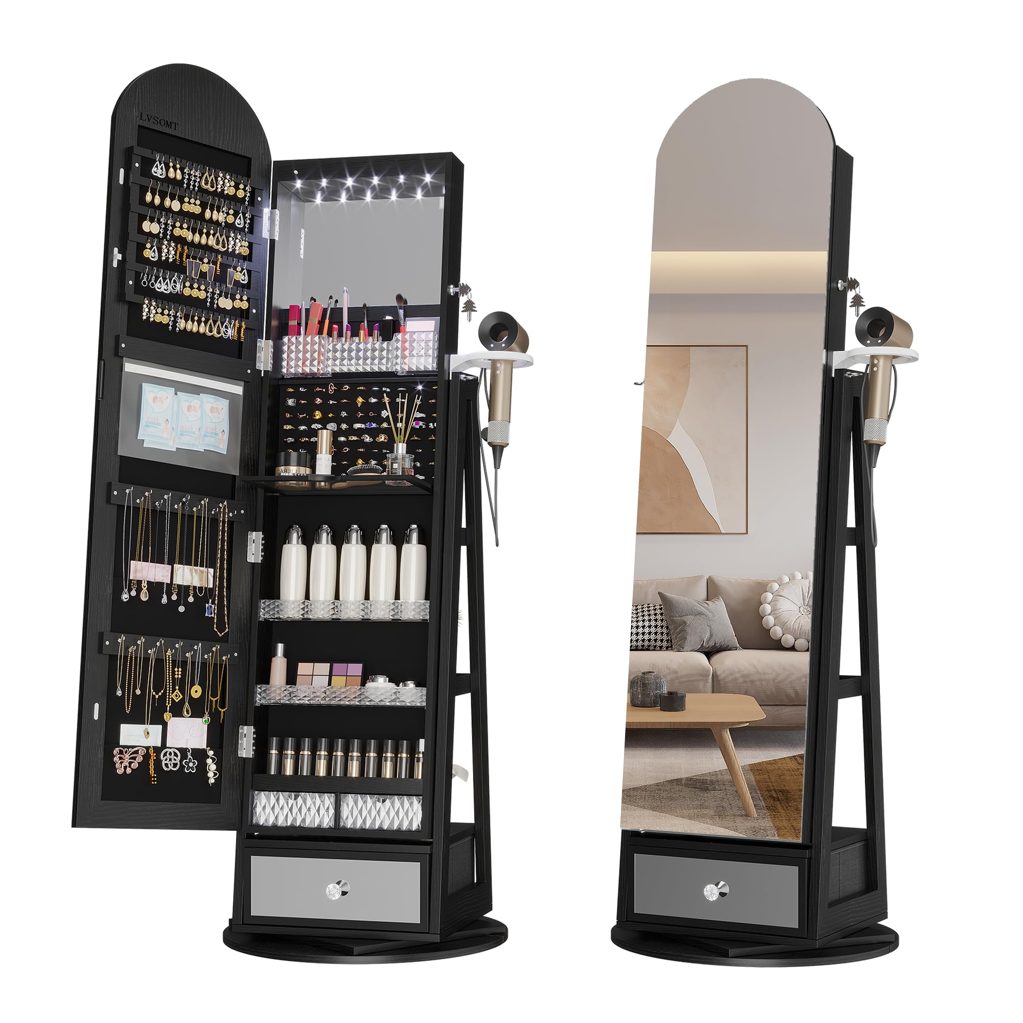360° Swivel Arched Jewelry Mirror Cabinet with LED Lights - 64