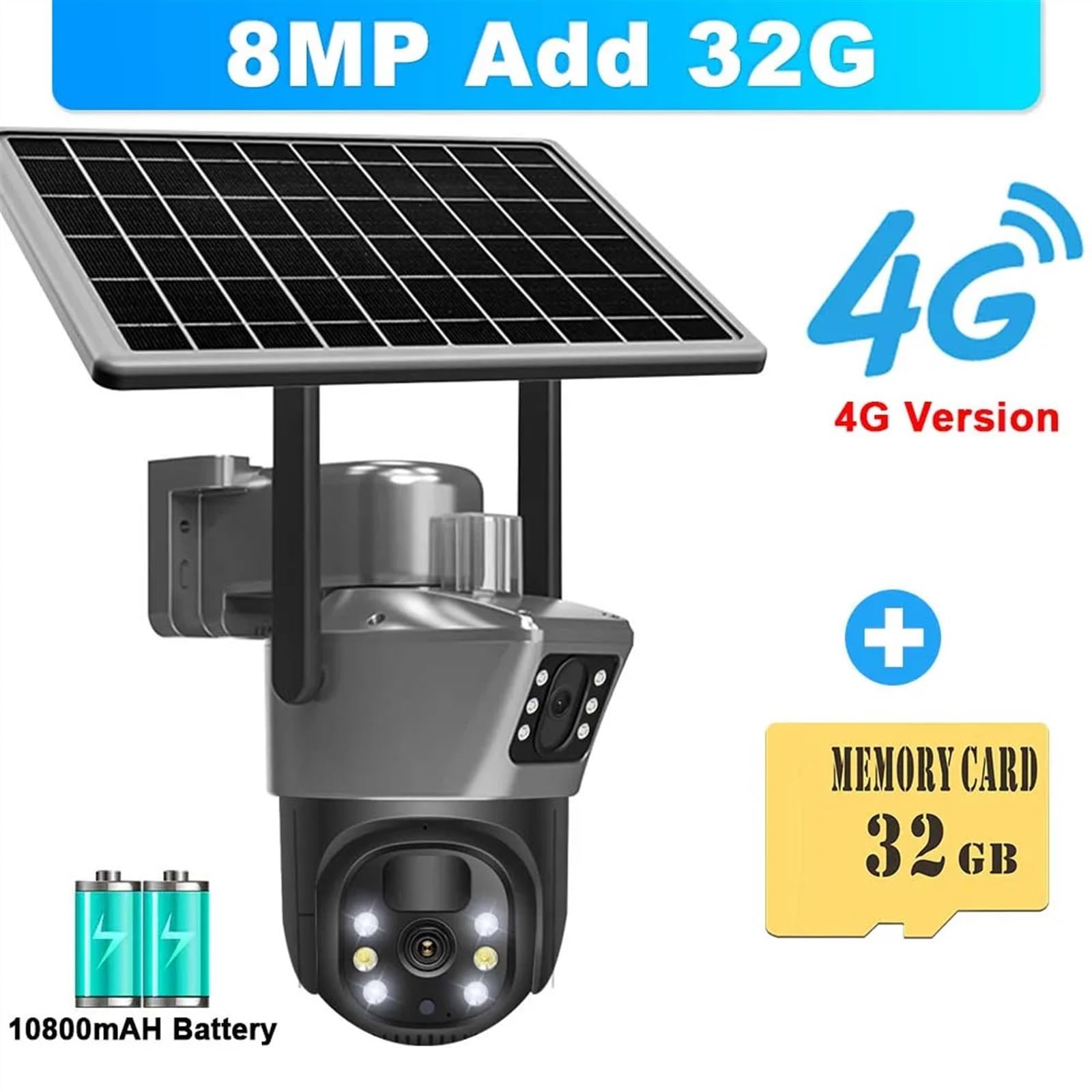 **JOLIANE 8MP 4K Solar Security Camera - Wireless Outdoor 4G SIM Surveillance with Dual Lens PTZ & Solar Panel - 32GB Storage - Ideal for Home, Farm, and Business Security Monitoring**