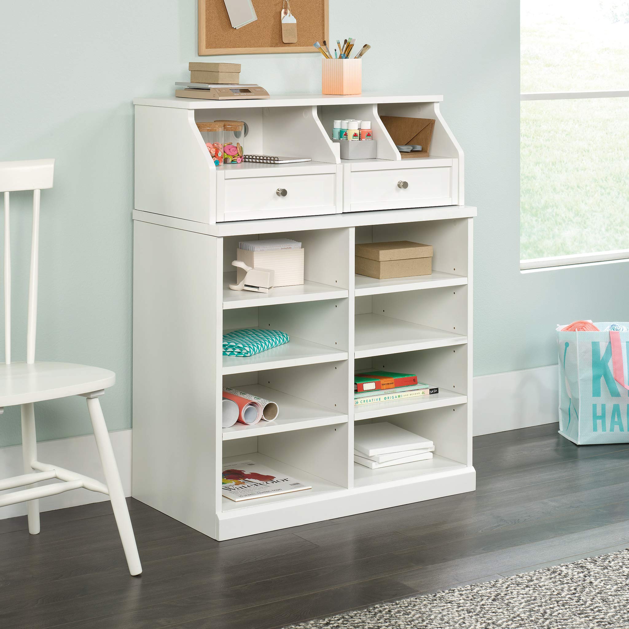 Sauder Craft Pro Series Open Storage Cabinet - White Finish | Modern Home & Office Organization Solution for Books, Decor & Supplies