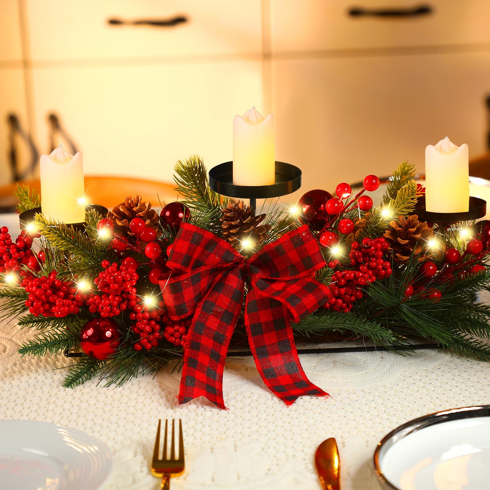 Christmas Triple Candelabrum Centerpiece with LED Candles, String Lights, Bow & Pine Cones - Elegant Holiday Table Decor for Dining Room, Fireplace Mantel & Christmas Party Decoration