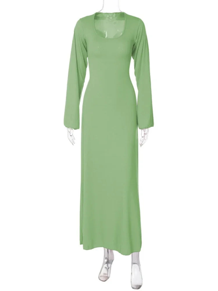Elegant Back Tie Flared Long Sleeve Rib Knit Maxi Dress for Women - Cozy Winter Fall Clothes - Perfect for Holiday Parties, Date Nights & Office Wear - Wholesale C70 DZ61