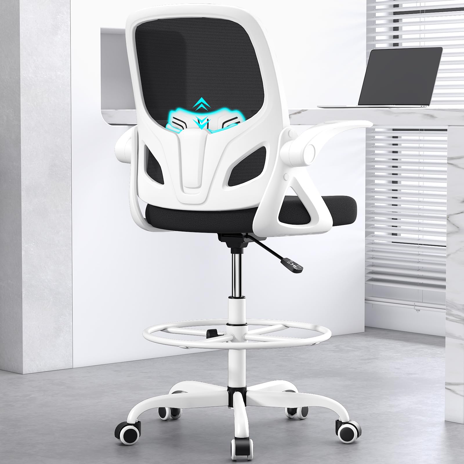 Ergonomic Tall Drafting Chair with Footrest Ring & Lumbar Support - Adjustable Height Office Chair with Flip-Up Arms for Home & Work (White) - Perfect for Architects, Artists, and Extended Computer Work Sessions