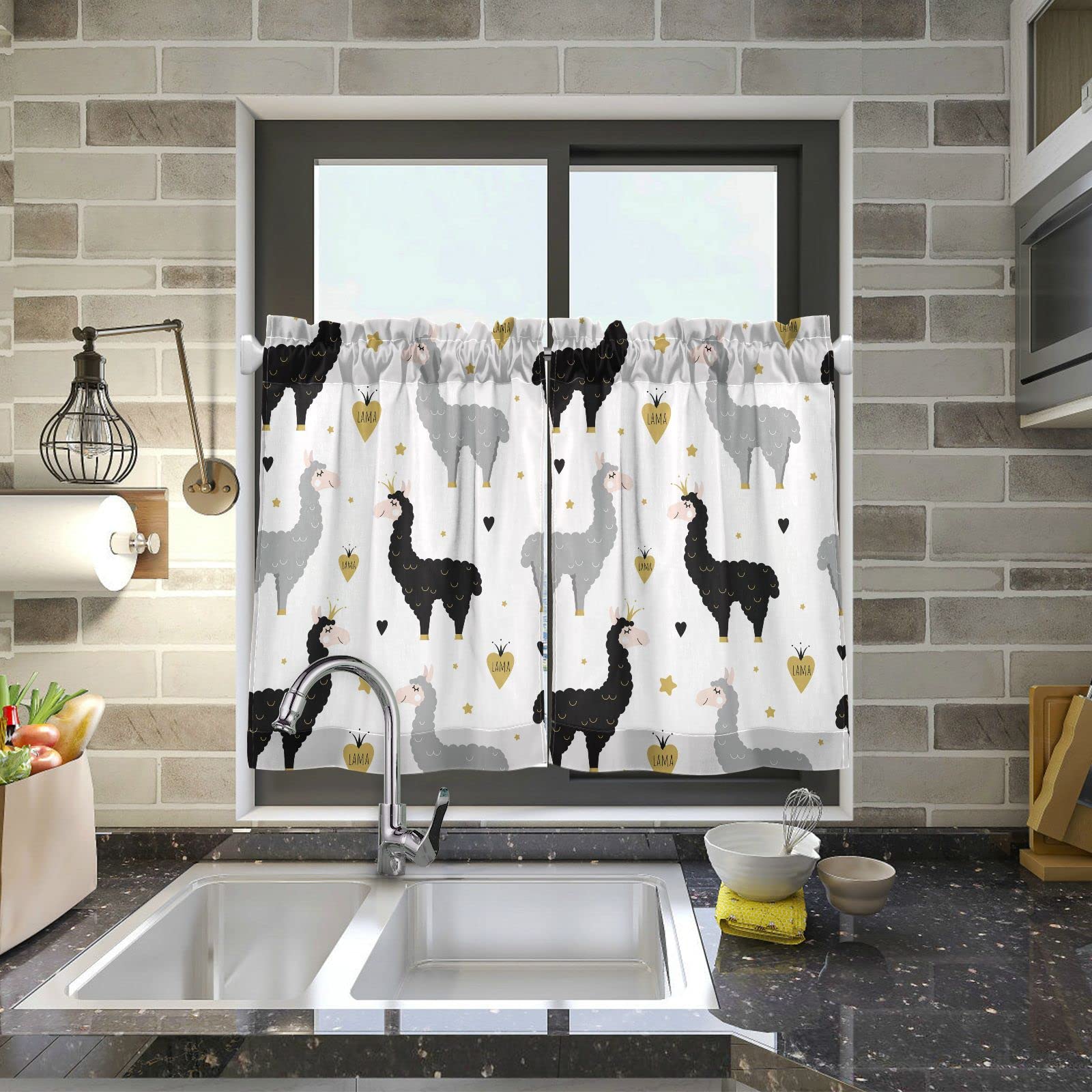 Cute Llamas Kitchen Curtains 36 Inch - Short Rod Pocket Window Drapes for Bedroom, Nursery, Kids Room - 2 Panels (27W x 36L) - Perfect for Farmhouse, Boho & Kids Decor