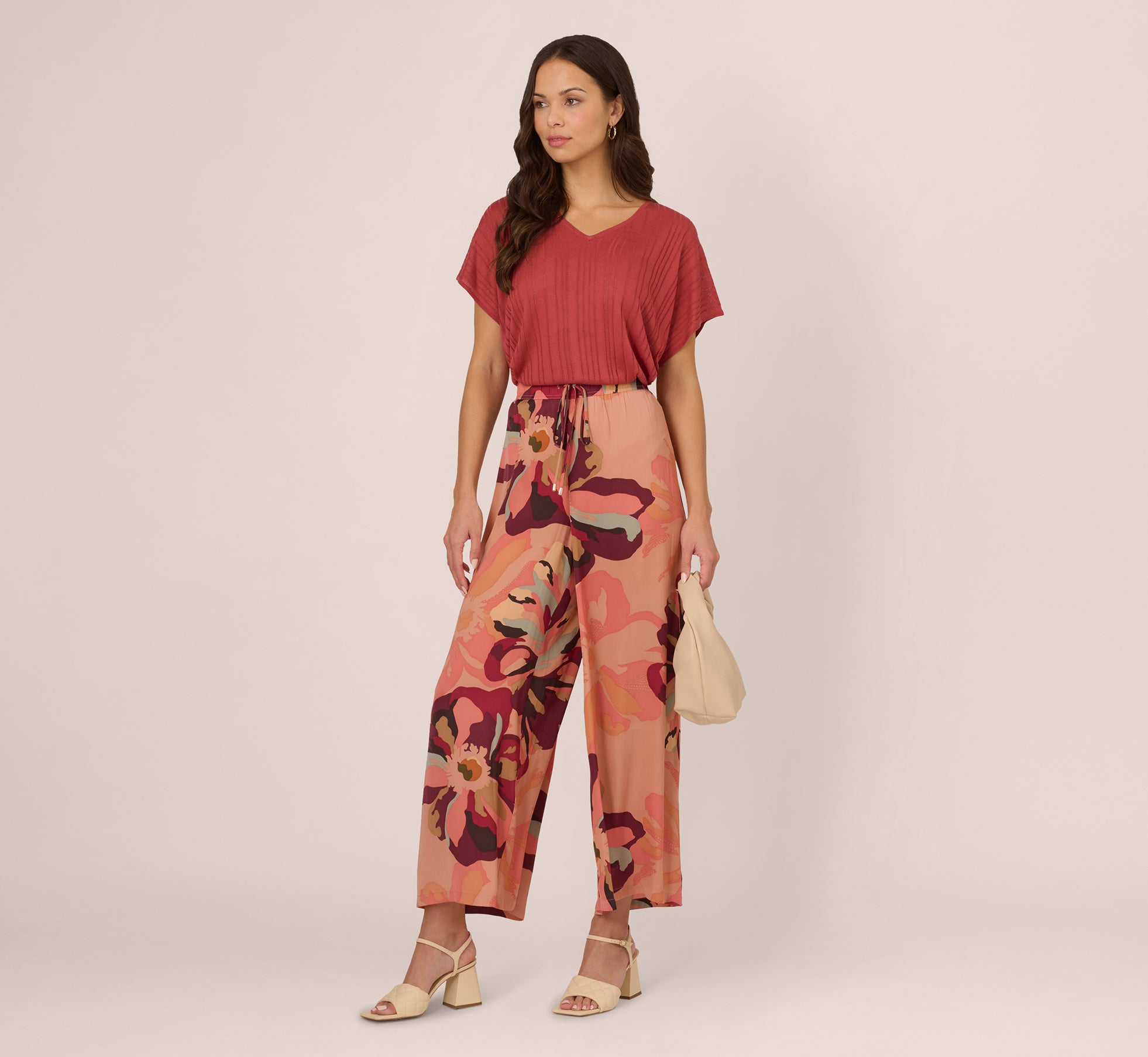 Women's Tropical Floral Print Wide Leg Pants with Drawstring Waist - Deep Burgundy Sunset Floral Design | Plus Size | Beach Vacation, Summer Outfits, Boho Chic Style