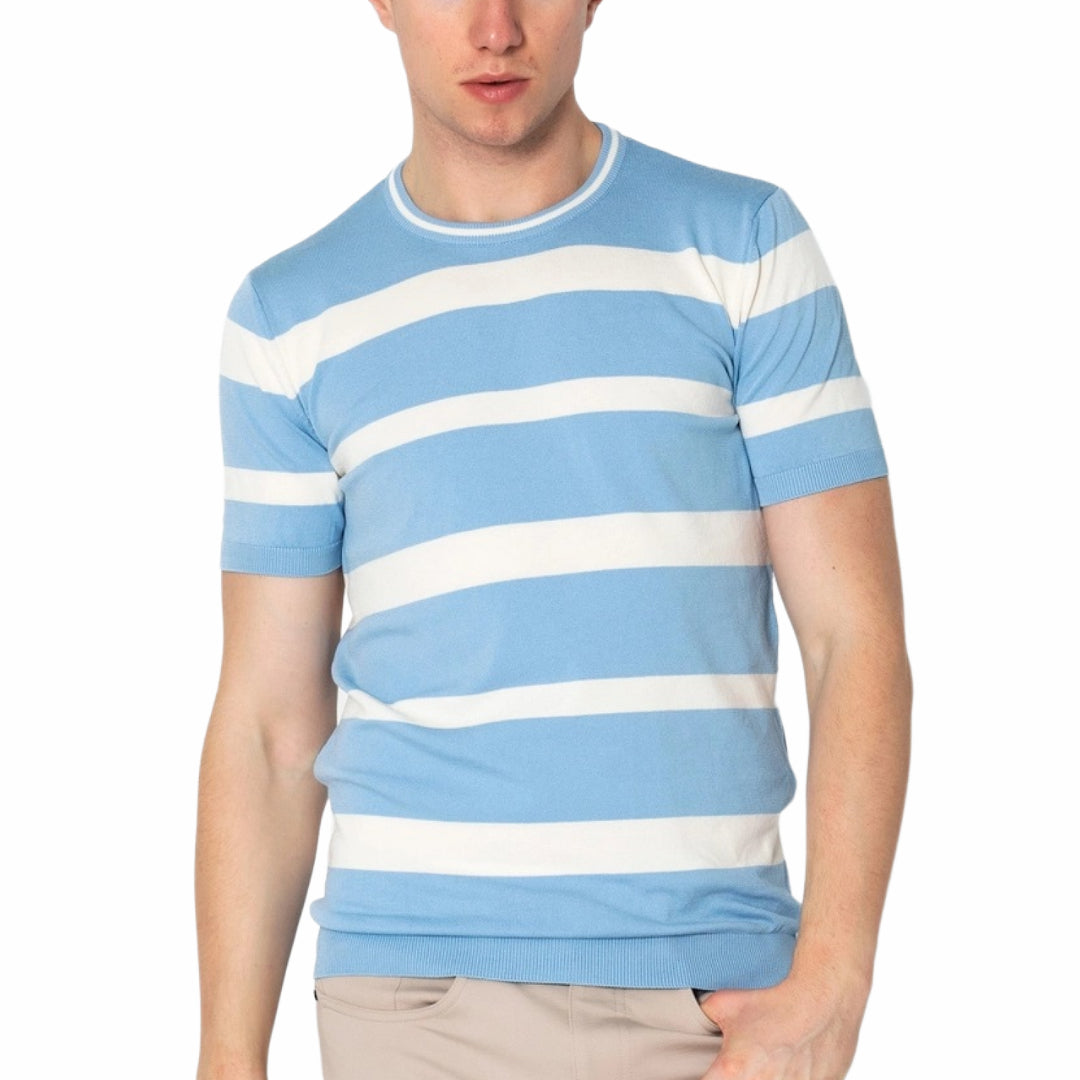 RNT23 Striped Knit T-Shirt for Men - Soft Comfortable Casual Blue Tee - Perfect for Everyday Wear, Outings & Layering