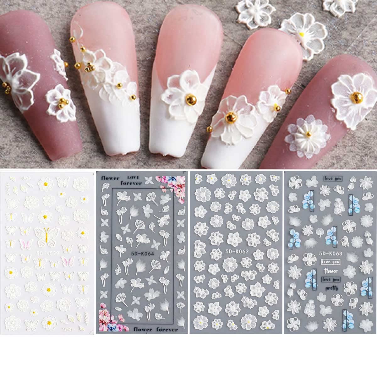 5D Flower Nail Art Stickers - 4 Sheets Embossed Self-Adhesive French Manicure Decals for Women, White Floral Butterfly Leaf Designs - Perfect for Valentine's Day, Holidays & DIY Acrylic Nails - Salon Quality Nail Art Supplies for Home & Professional Use