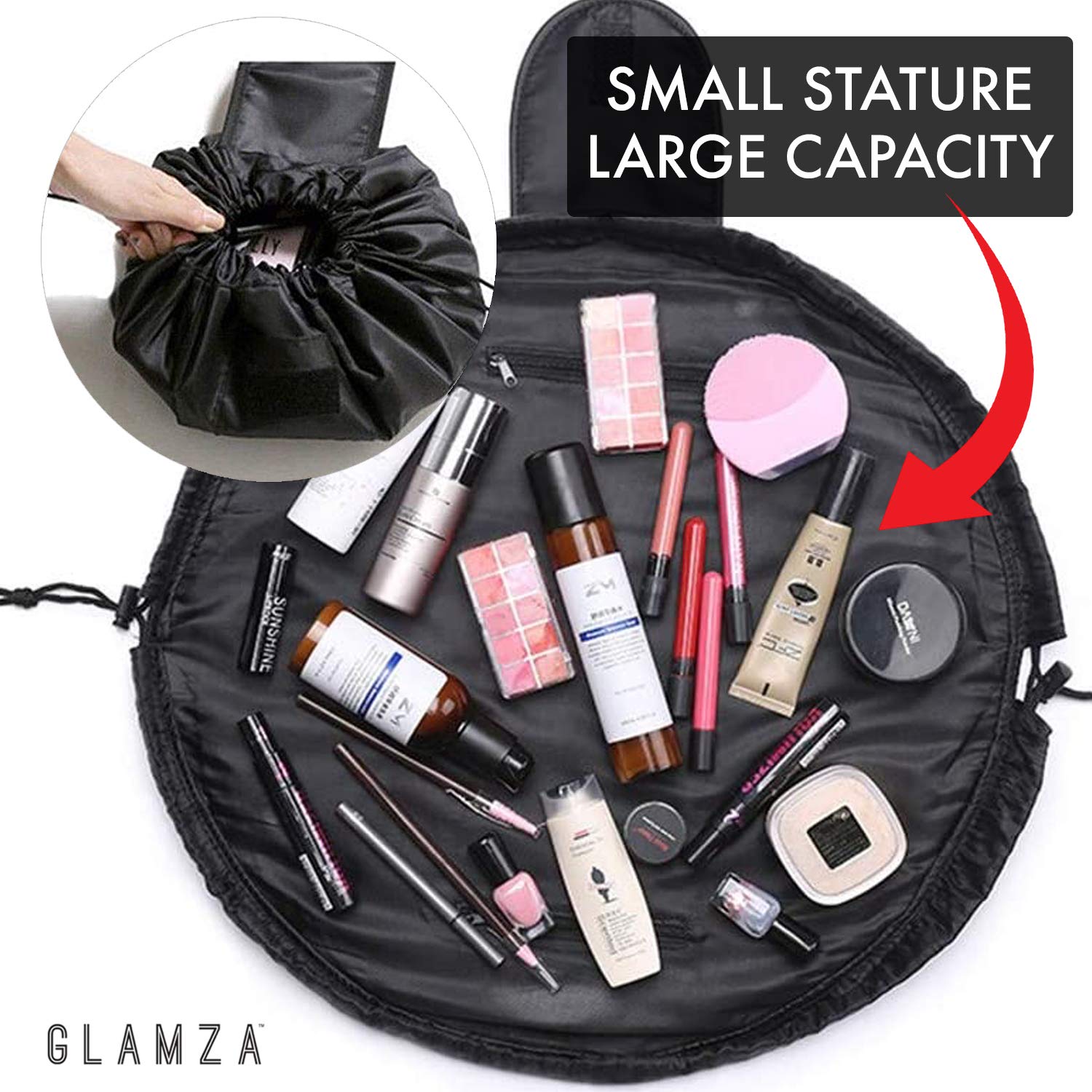 GLAMZA 'Lazy' Drawstring Makeup Bag - Convertible Flat to Structured Travel Cosmetic Pouch with 20pc Brush Set | Perfect for Women's Makeup Storage & Travel Organizer | Great for Daily Use, Gym, Vacation & On-the-Go Beauty Essentials