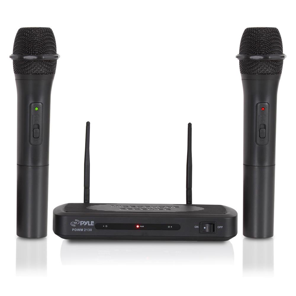 Pyle PDWM2130 Dual Channel Wireless Microphone System - 2 Handheld Dynamic Mics with Dual Frequency Receiver for Karaoke, DJ Parties, Live Performances & Public Speaking - Professional PA System for Churches, Schools & Events