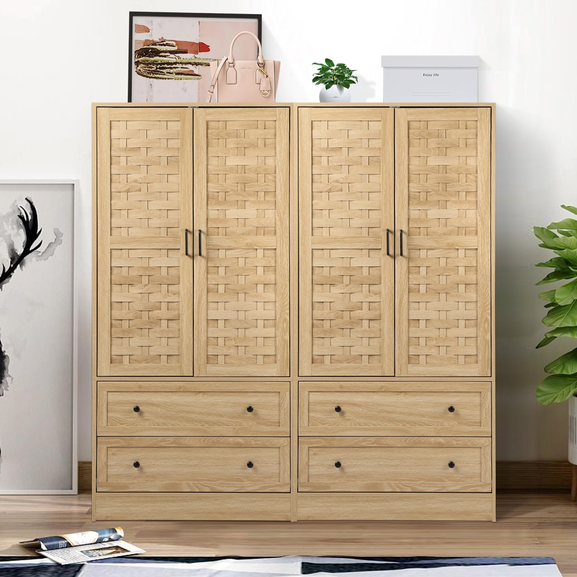 LEVNARY Wooden Armoire Wardrobe Closet - Freestanding Storage Cabinet with 2 Woven Doors, 2 Drawers & Hanging Rail for Bedroom Organization (Natural Finish) | Perfect for Small Spaces, Guest Rooms & Closet Storage Solutions