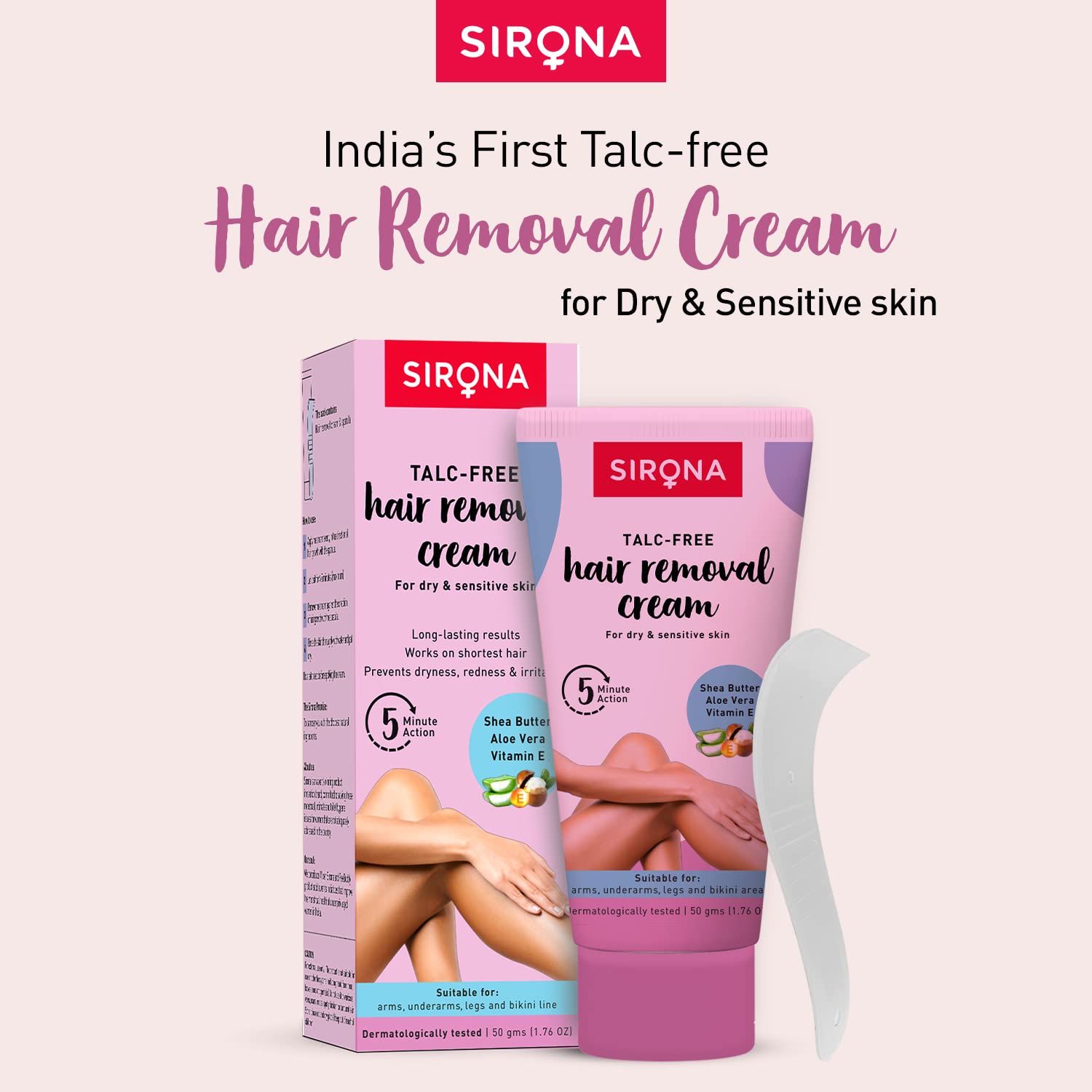 Sirona Hair Removal Cream for Women - Bikini, Underarms & Legs - Dermatologist Tested for Sensitive & Dry Skin - 50g (1 Pack) | Painless Hair Removal at Home, Smooth Skin for Summer & Beach Wear
