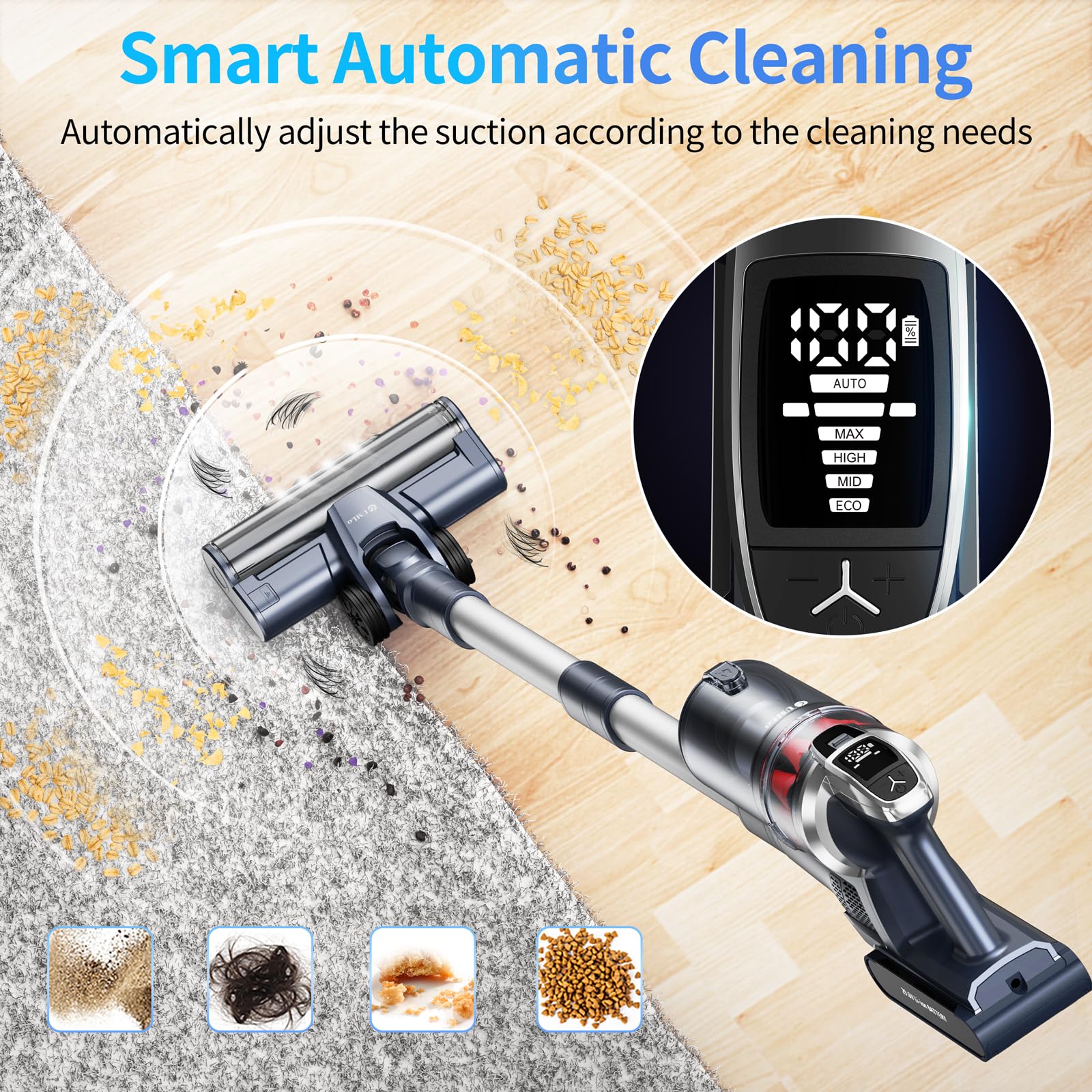 Powerful 8-in-1 Cordless Stick Vacuum Cleaner with Auto Mode, 60 Min Runtime & Anti-Tangle Tech - LED Display Rechargeable Vacuum for Hard Floors, Carpets & Pet Hair - Perfect for Home Cleaning & Pet Owners