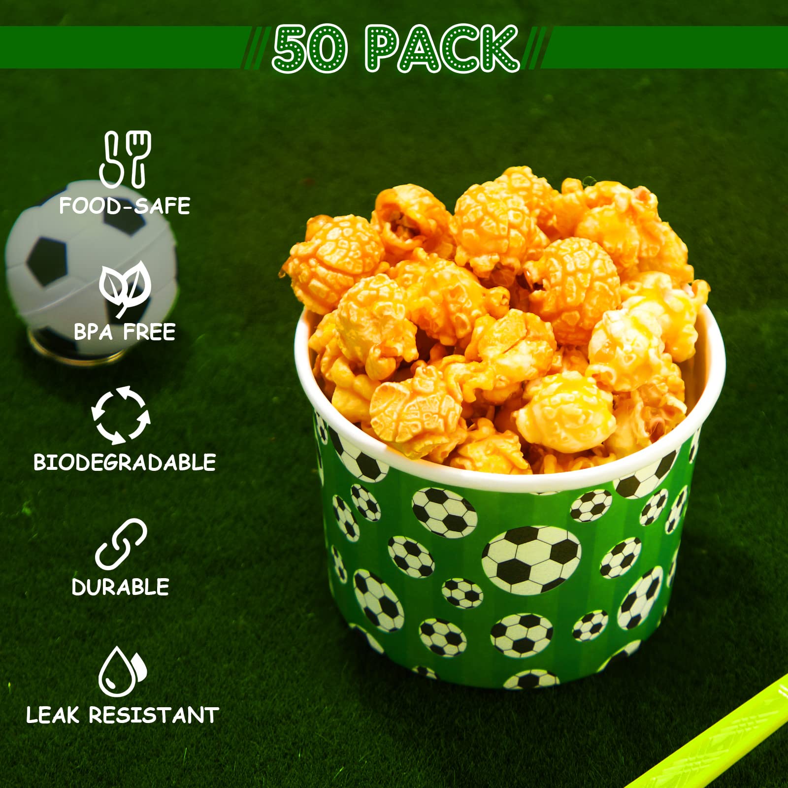 50 Pack 9 oz Disposable Paper Cups - Sports Party Snack Bowls for Ice Cream, Desserts, Soup, Hot & Cold Food - Eco-Friendly & Leak-Proof - Perfect for Birthday Parties, Picnics, BBQs (Soccer Design)