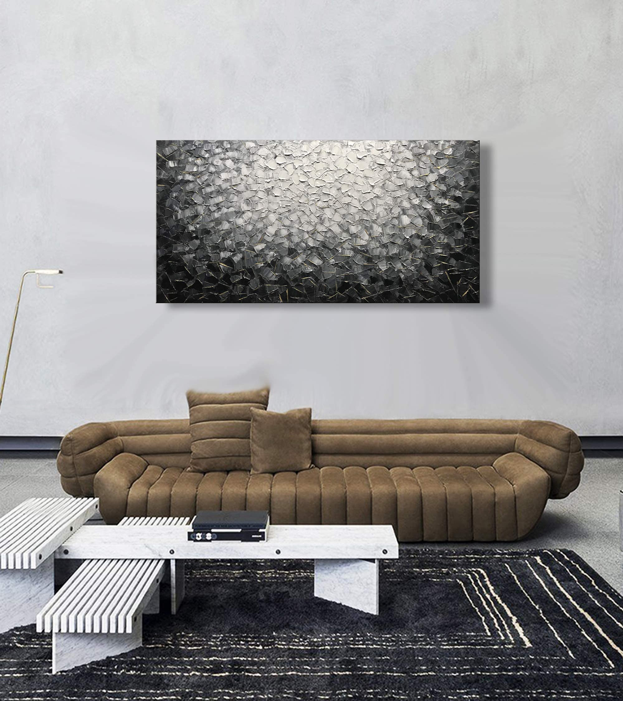 Modern Abstract Wall Art Canvas - 100% Hand-Painted Black & White Oil Painting - Large 24x48 Inch Wall Mural for Living Room Decor - Perfect for Home, Office & Modern Interior Design