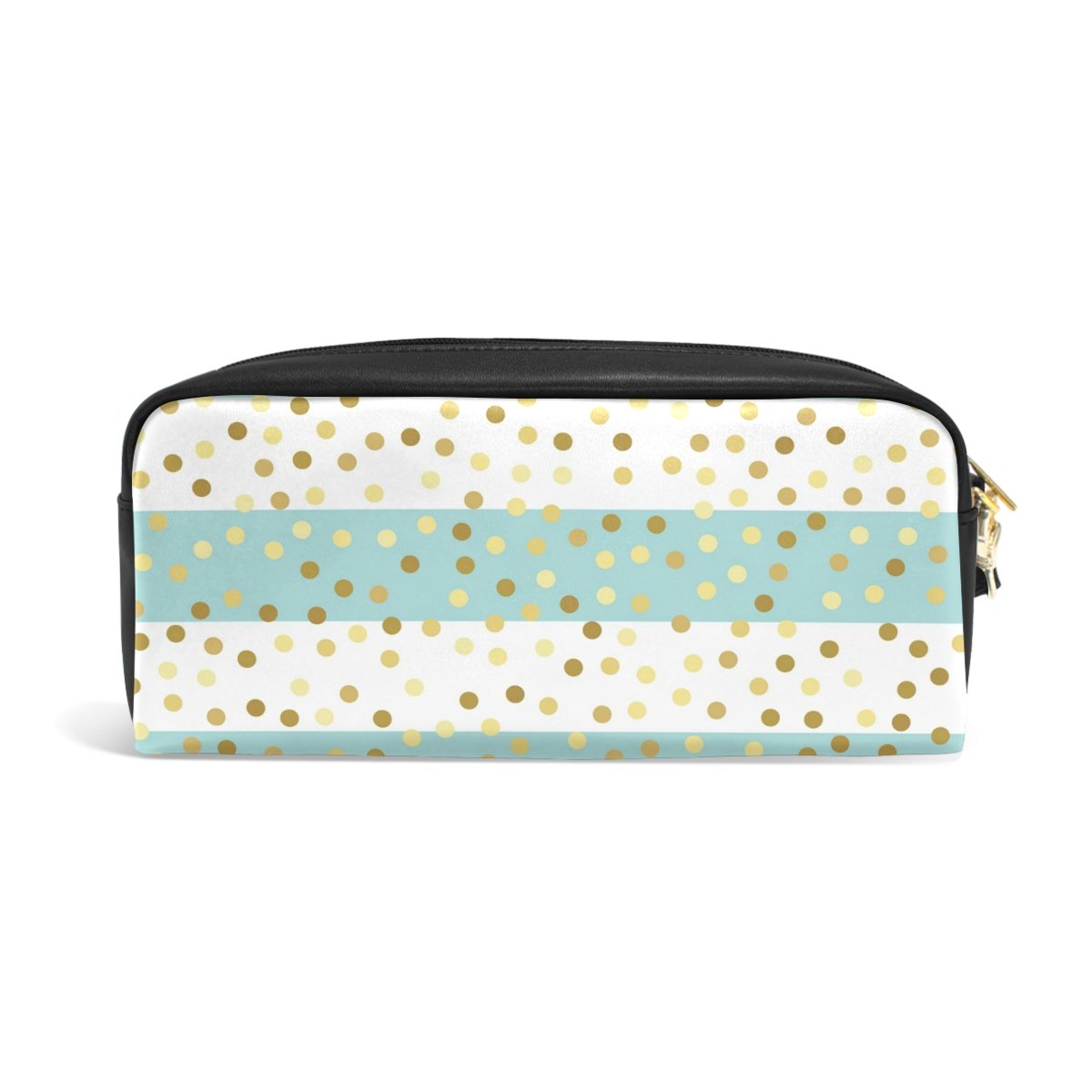 ZZKKO Mint Green Striped Golden Glitter Leather Zipper Pencil Case - School & Office Stationery Organizer, Makeup Bag, Cosmetic Pouch for Women & Girls | Perfect for School, Work, Travel & Daily Use
