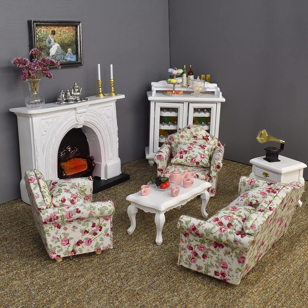 iLAND Dollhouse Furniture Set - Miniature Living Room with Sofa, Lighted Fireplace, Wine Cabinet, Coffee Table & Side Table - Perfect for 1:12 Scale Dollhouse Decor & Collectors Display