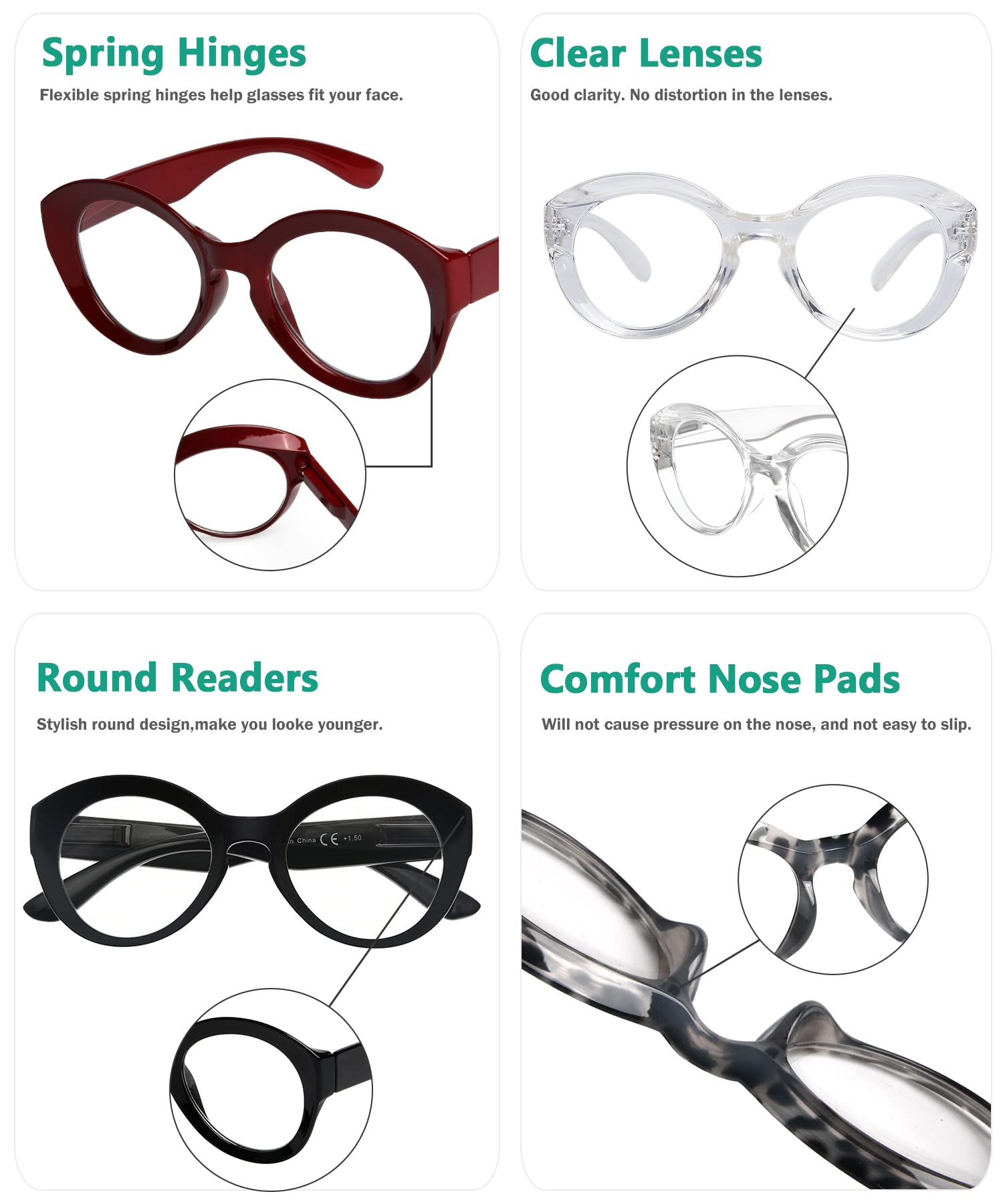 Stylish Round Reading Glasses for Women - Large Frame Lightweight Eyewear +4.00 Strength | Perfect for Reading, Computer Use & Fashion Accessories