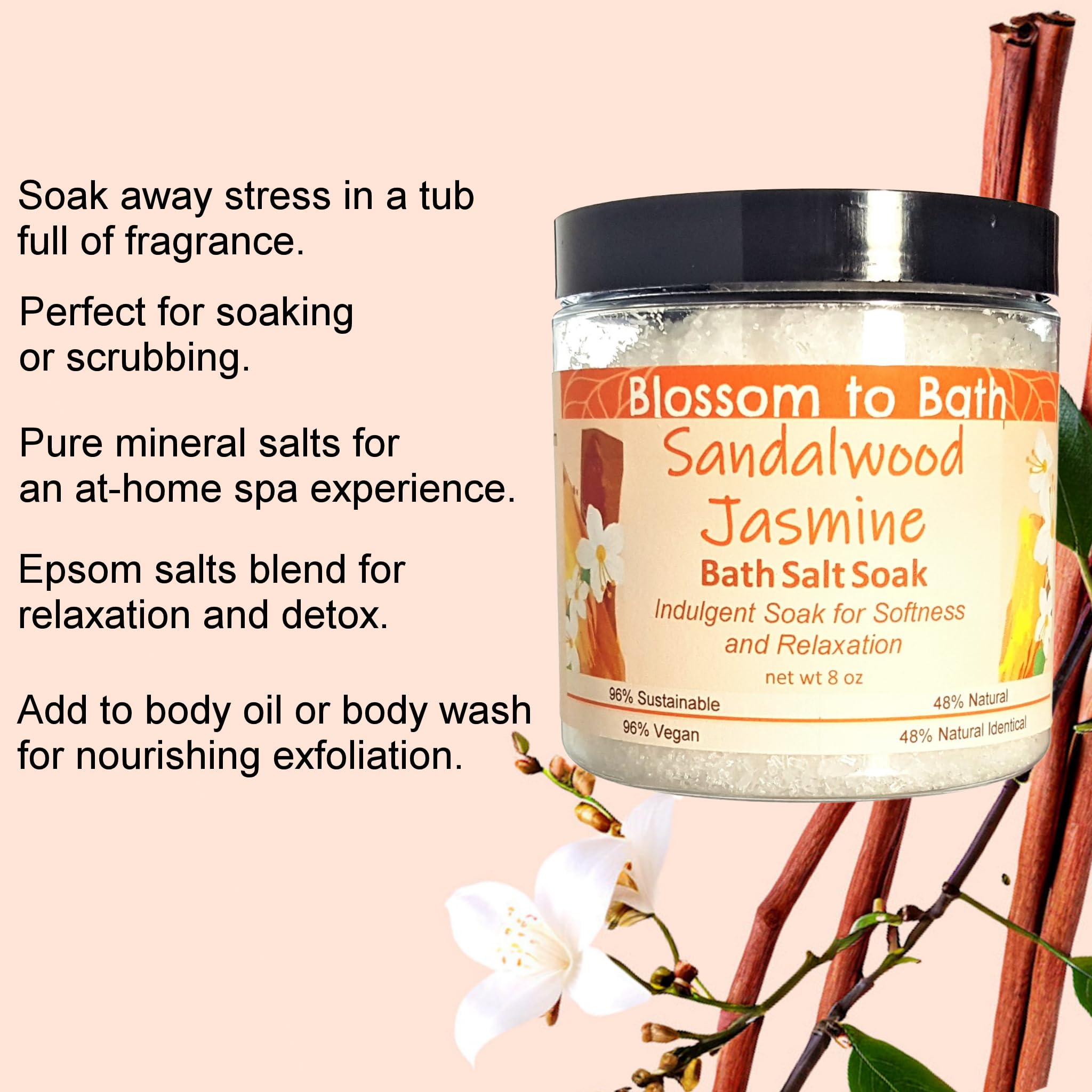 Natural Sandalwood Jasmine Bath Salt Soak (8 oz) - Relaxing Aromatherapy with Earthy Floral Scent - Perfect for Stress Relief & Spa Nights at Home