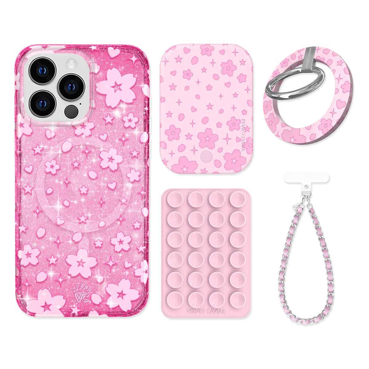 Cherry Blossom Glitter iPhone Case with Grip - Cute Floral Phone Cover for iPhone 13/14/15 Pro Max - Non-Slip Shockproof Protection - Perfect for Daily Use, Travel & Selfies