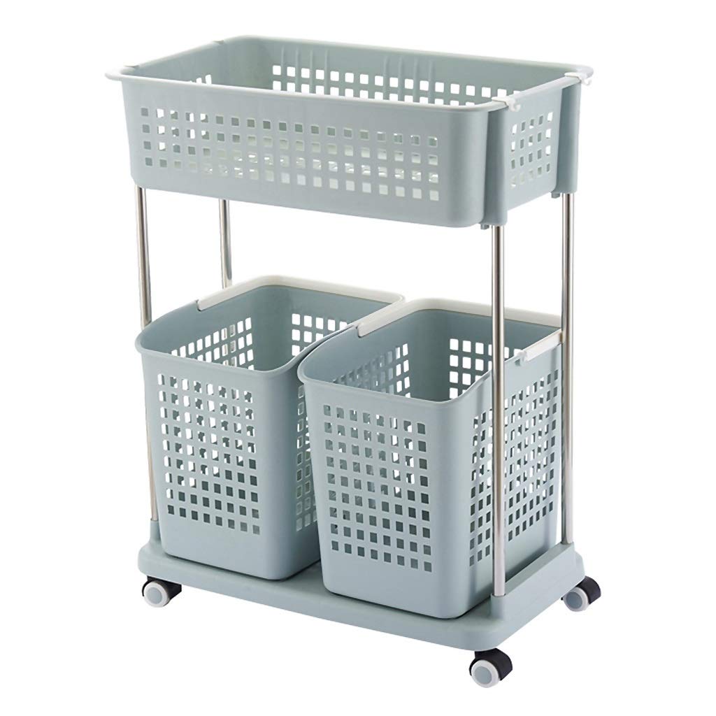 TRPYA 2-Tier Rolling Storage Basket - Foldable Laundry Cart with Wheels, Space-Saving Clothes Hamper Organizer for Bedroom, Bathroom & Laundry Room - High Capacity Dirty Clothes Bin for Home & Dorm Use (Blue)