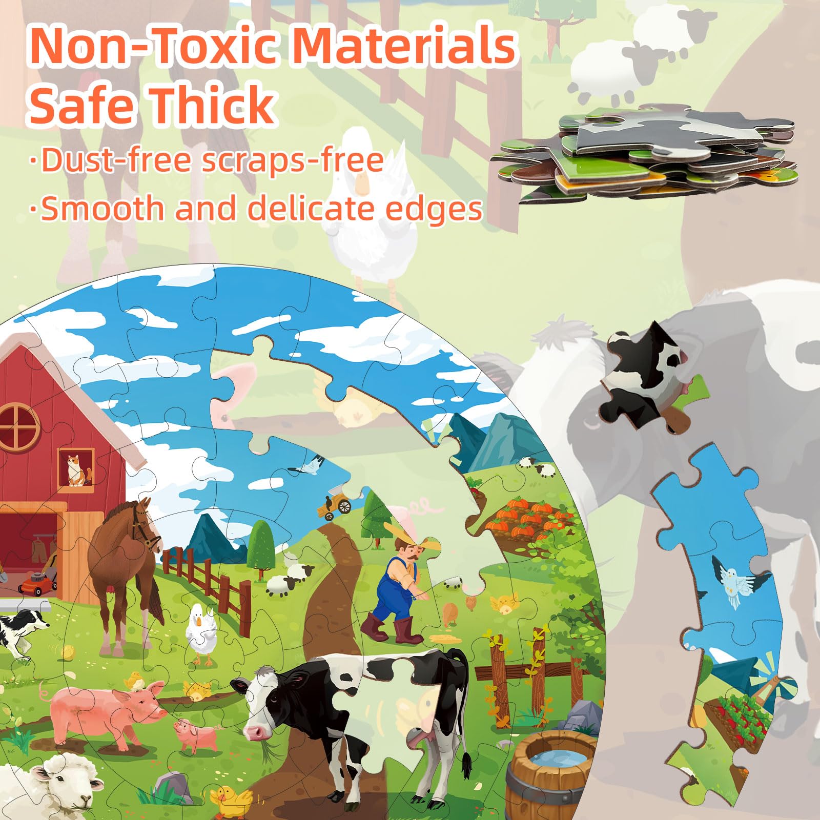 72-Piece Farm Animals Round Jigsaw Puzzle for Kids Ages 3-8 | Large Floor Educational Toy for Toddlers & Preschool Learning | Perfect Birthday Gift for Boys & Girls | Fun Playtime Activity for Home, Classroom or Party