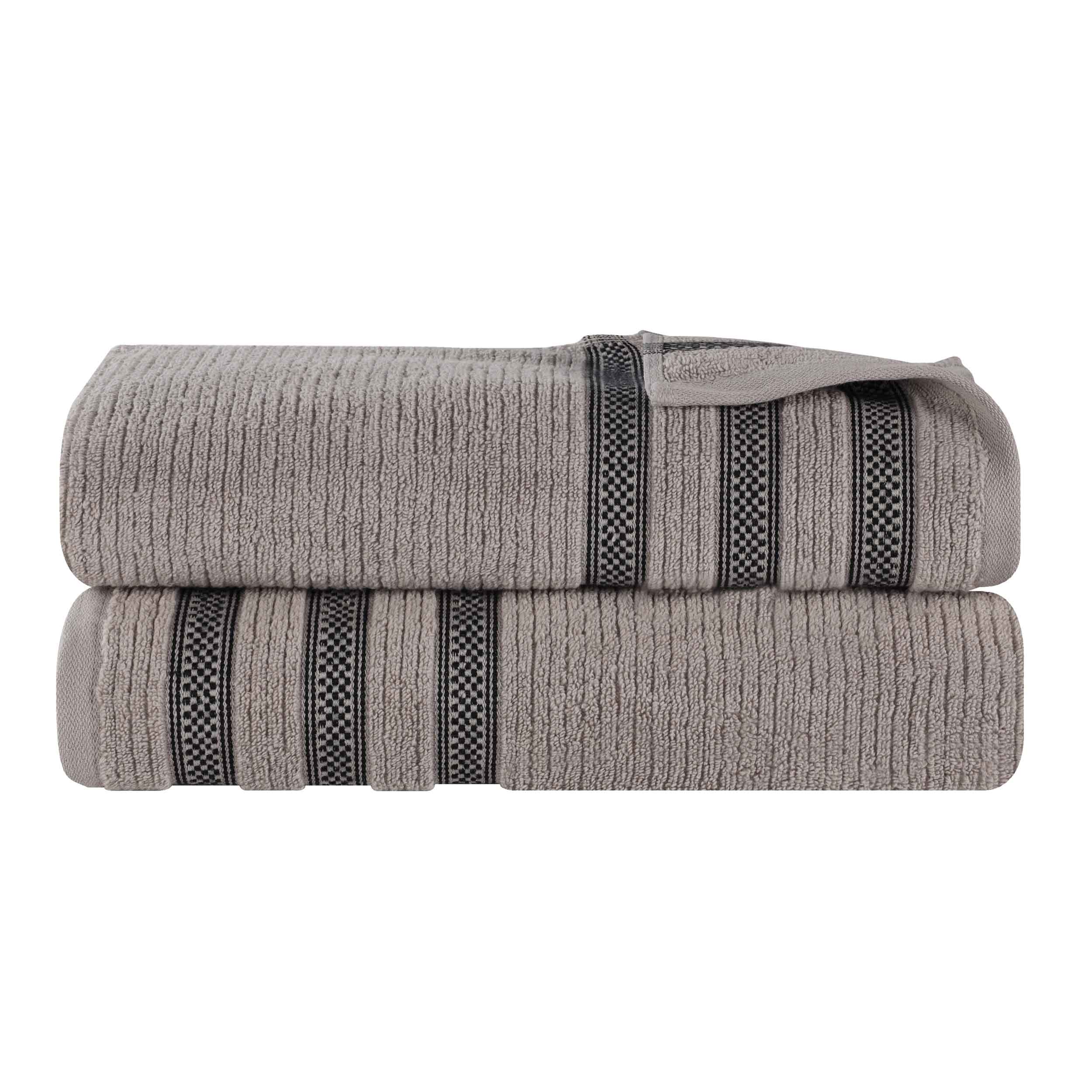 Premium Zero Twist Cotton Ribbed Geometric Border Plush Bath Sheet Set of 2 - Ultra Soft & Absorbent Luxury Towels for Spa, Bathroom & Beach Use