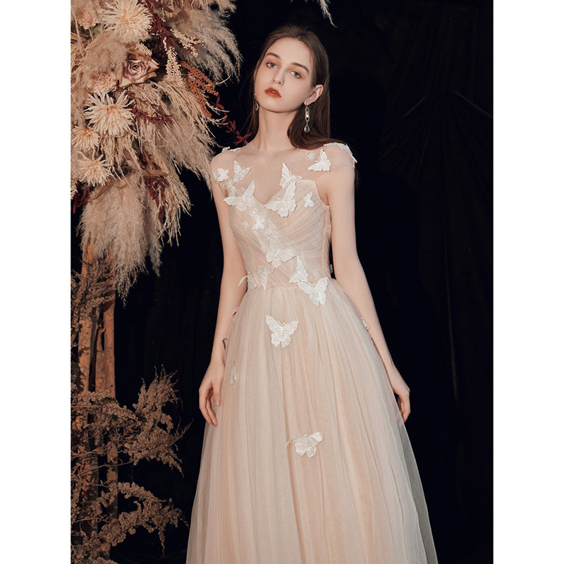 Elegant Light Champagne A-Line Butterfly Tulle Prom Dress for Fairy Formal Party | Homecoming, Quinceañera, Wedding Guest Gown (Style 317)