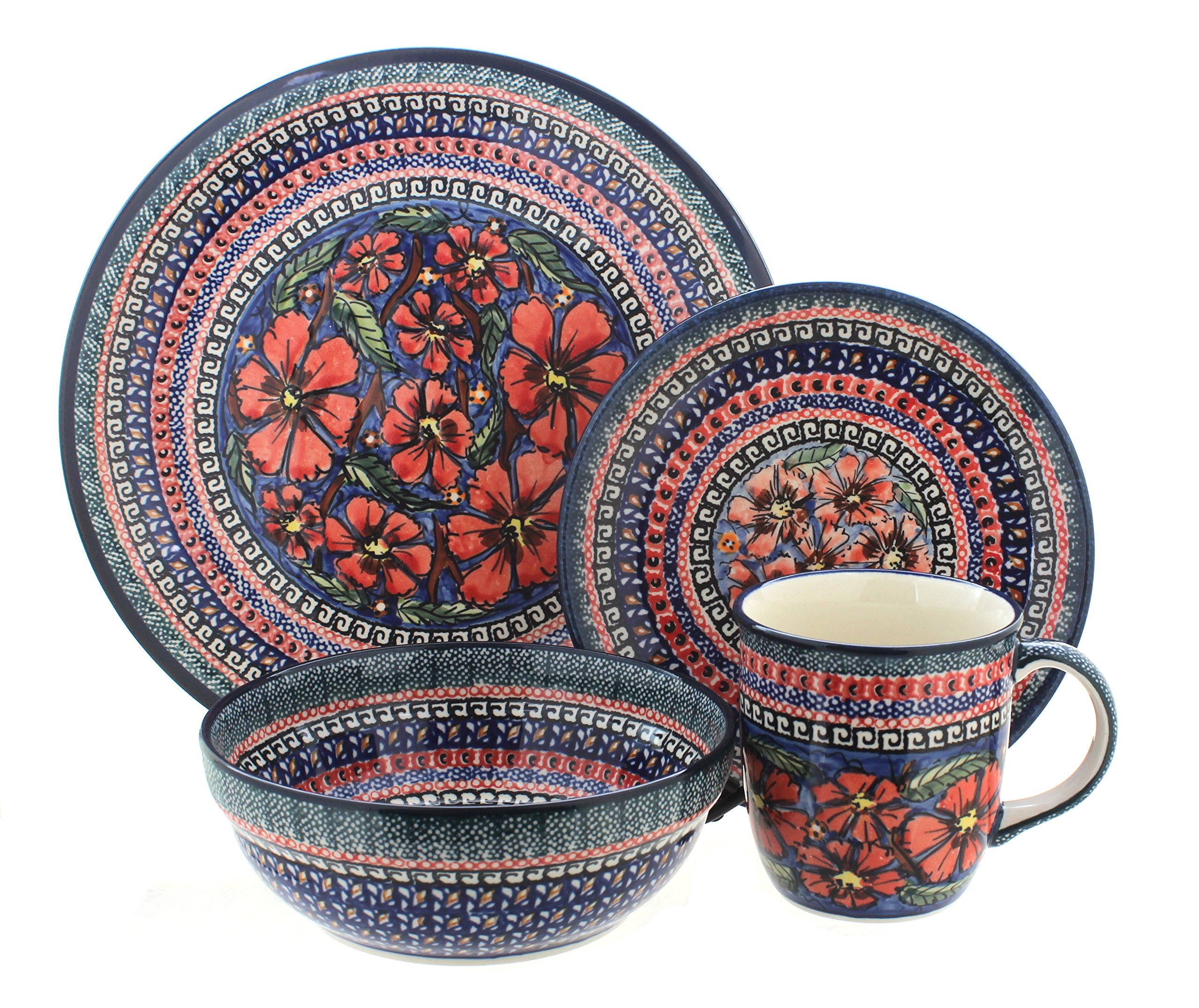 Blue Rose Polish Pottery Jungle Flower 4-Piece Dinnerware Set - Handcrafted Ceramic Plate, Bowl, Cup & Saucer for 1 Person | Elegant Table Setting for Home Dining, Parties & Gift Giving