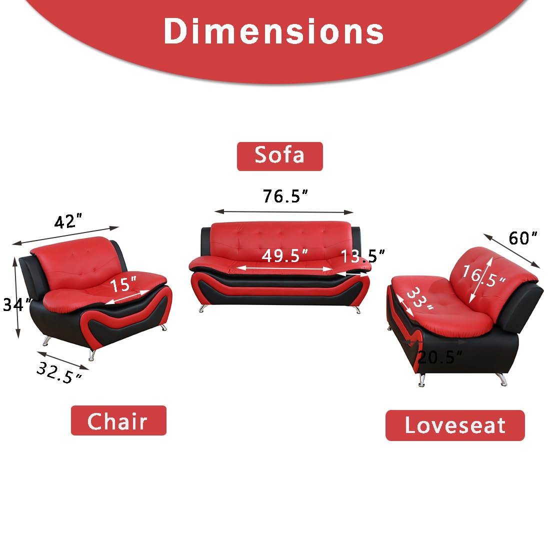 Premium Genuine Leather Couches for Living Room - 3-Piece Sofa Set (Sofa, Loveseat & Chair) in Black & Red - Modern Apartment & Bedroom Furniture for Comfortable Lounging & Entertaining