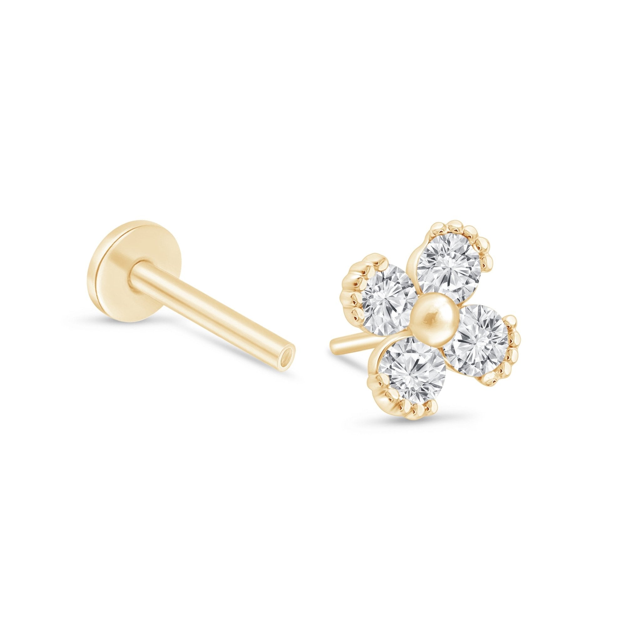 14K Solid Yellow Gold Beaded Diamond Four-Petal Flower Flat Back Stud Earrings for Women - Perfect for Weddings, Parties & Everyday Elegance